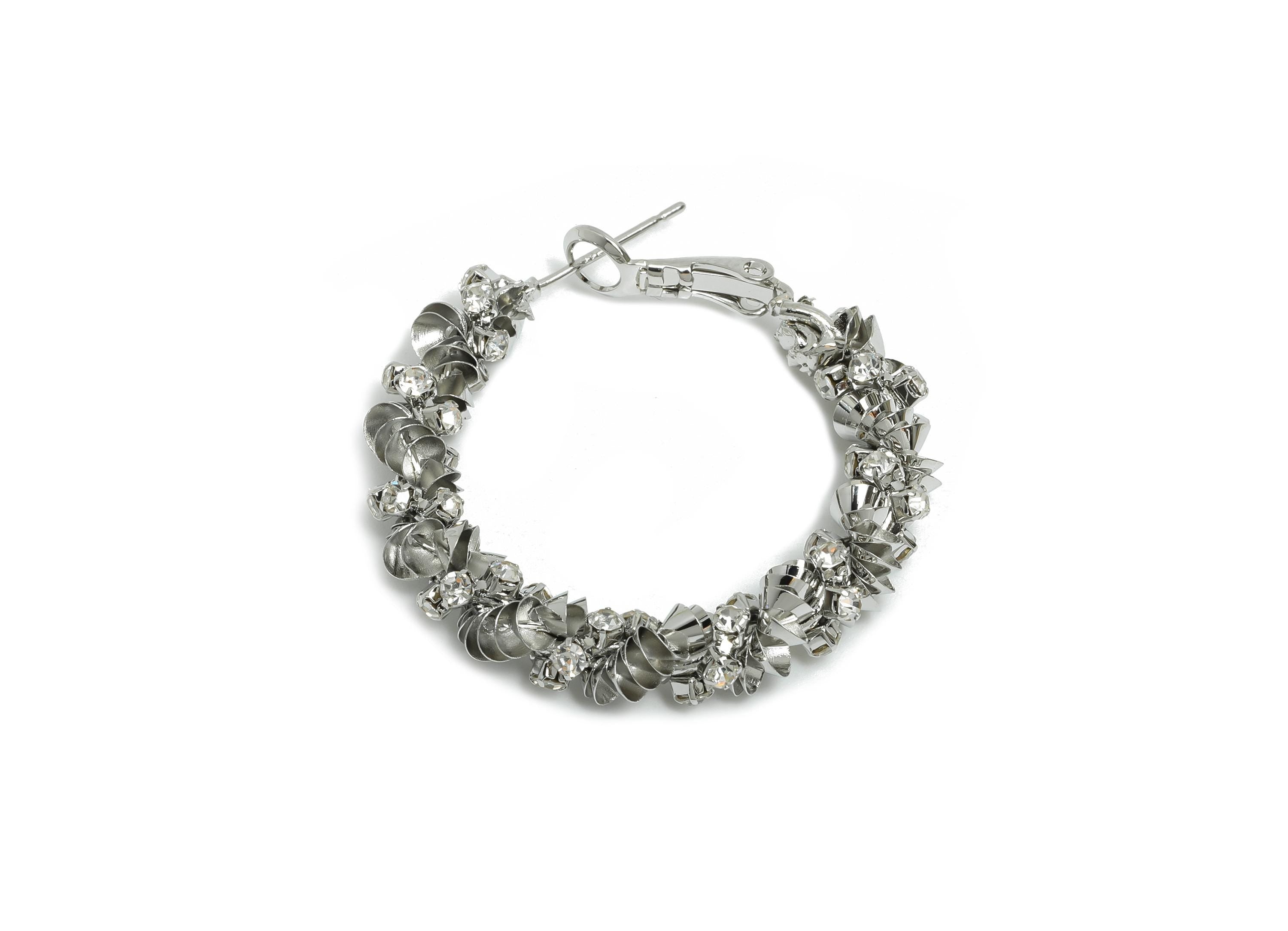 Brass Twisted Hoop Earring - White Round Luxurious Zircon Earring - Geometric Clasp Back Earring -18K White Gold-Plated -34x33x5mm -RGP9524S - DOMEDBAZAAR