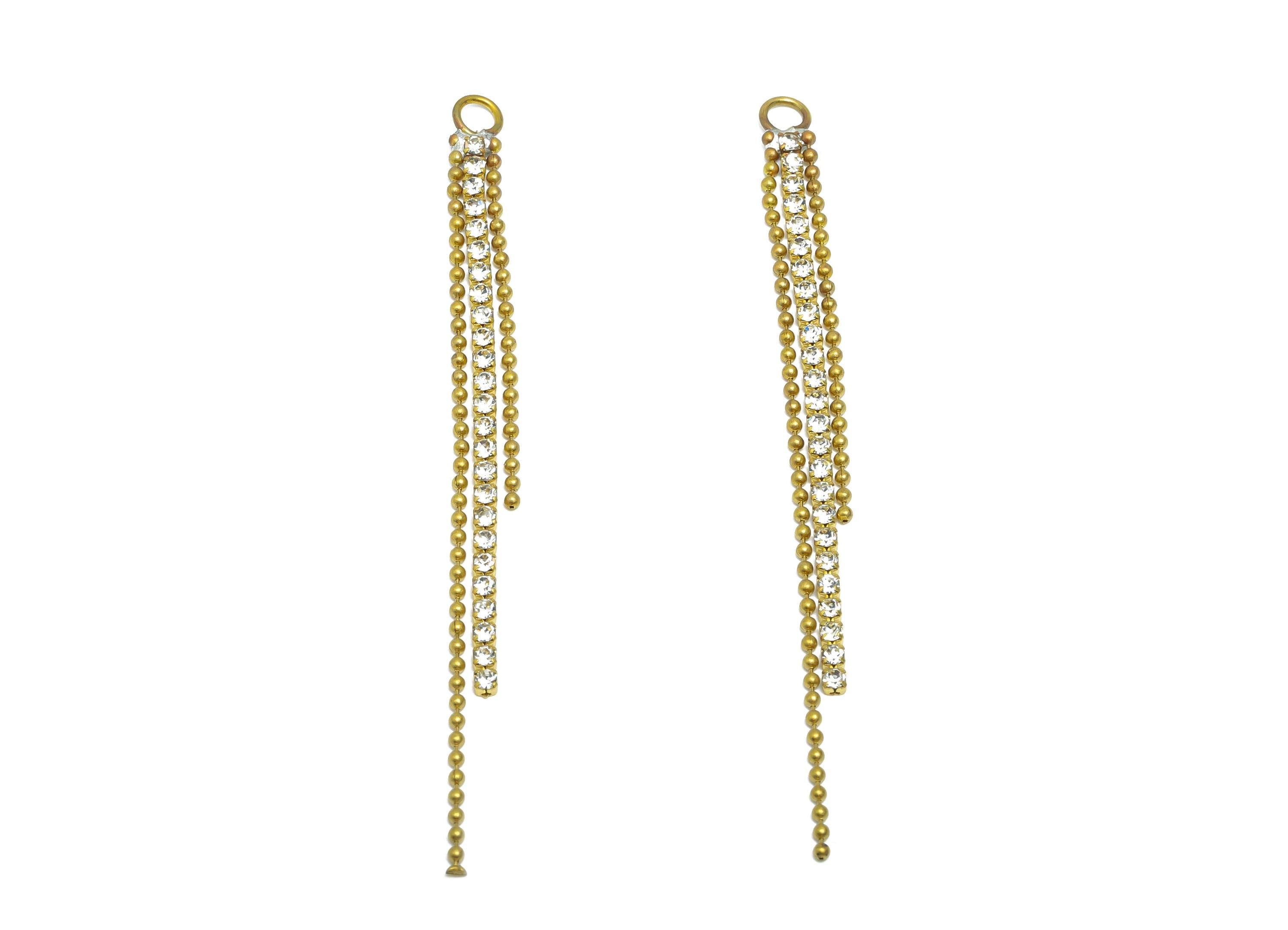 Brass Chain Tassel Charm - Raw Brass Rhinestone Dangle Charm - Sparkling Pendant Charm - Tassel Pendant with Crystal - 66x4x1mm - PP11001 - DOMEDBAZAAR