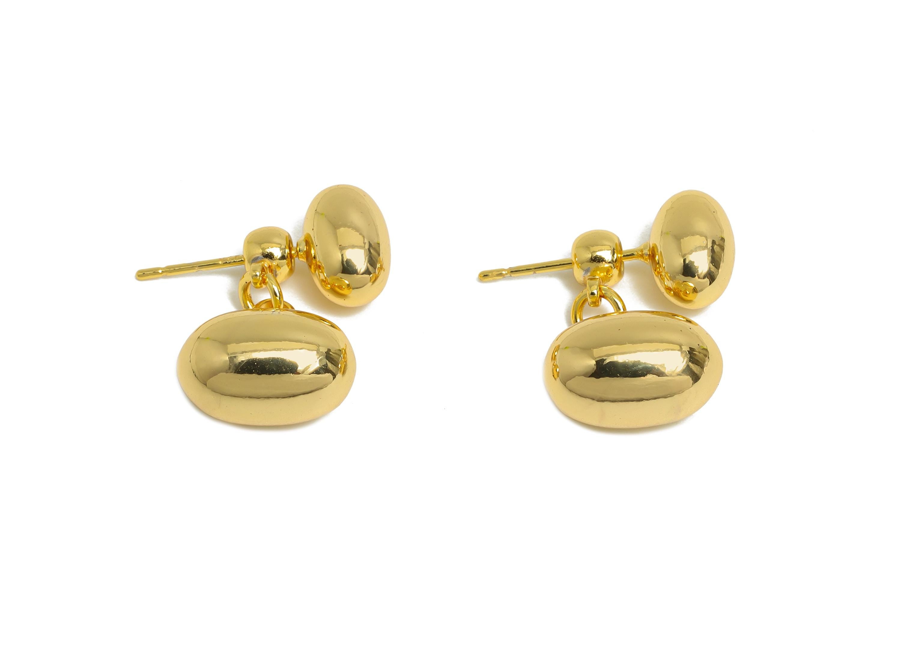 Brass Bead Earrings Stud - Gold Oval Bead Earrings Post for Girl&#39;s - Dangle Bead Ear Jacket - 18K Real Gold Plated - 22x11.5x7.8mm - RGP9517 - DOMEDBAZAAR