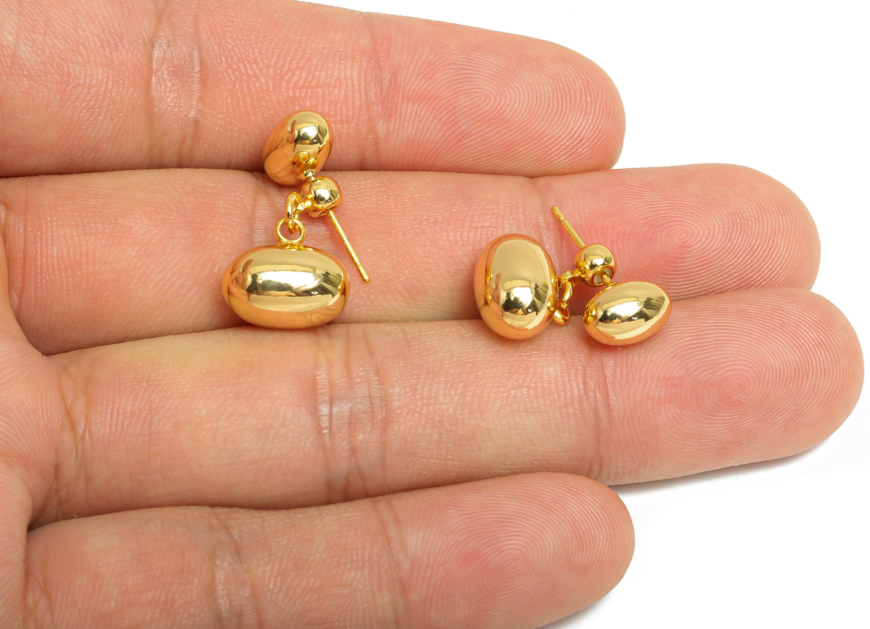 Brass Bead Earrings Stud - Gold Oval Bead Earrings Post for Girl&#39;s - Dangle Bead Ear Jacket - 18K Real Gold Plated - 22x11.5x7.8mm - RGP9517 - DOMEDBAZAAR