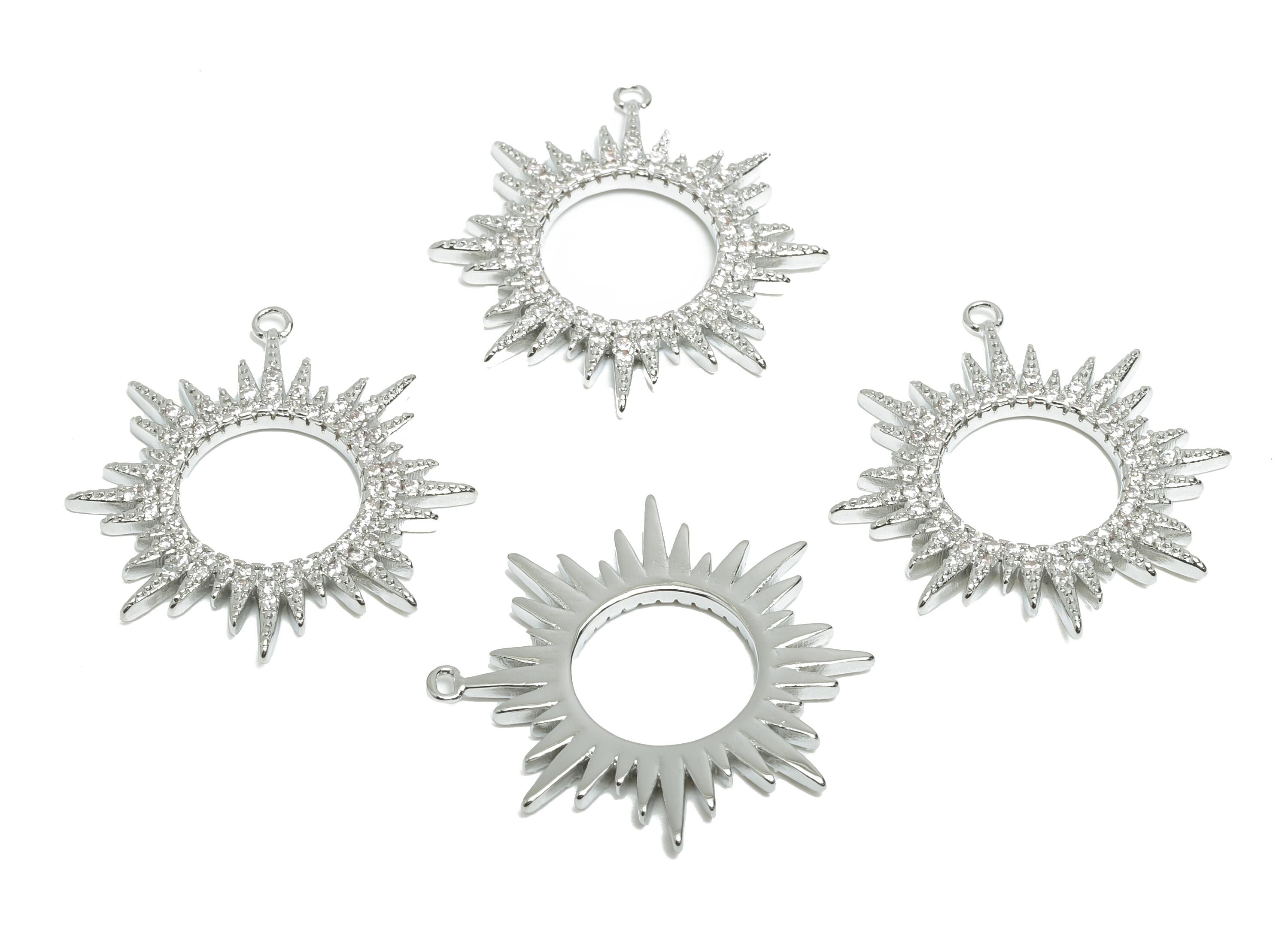 Sunburst Pendant Charm - Brass Silver Sun Earring Charm - Starburst Rhinestone Pendant - Sparkling Circle Pendant - 27x25.2x2mm  - RGP10365 - DOMEDBAZAAR