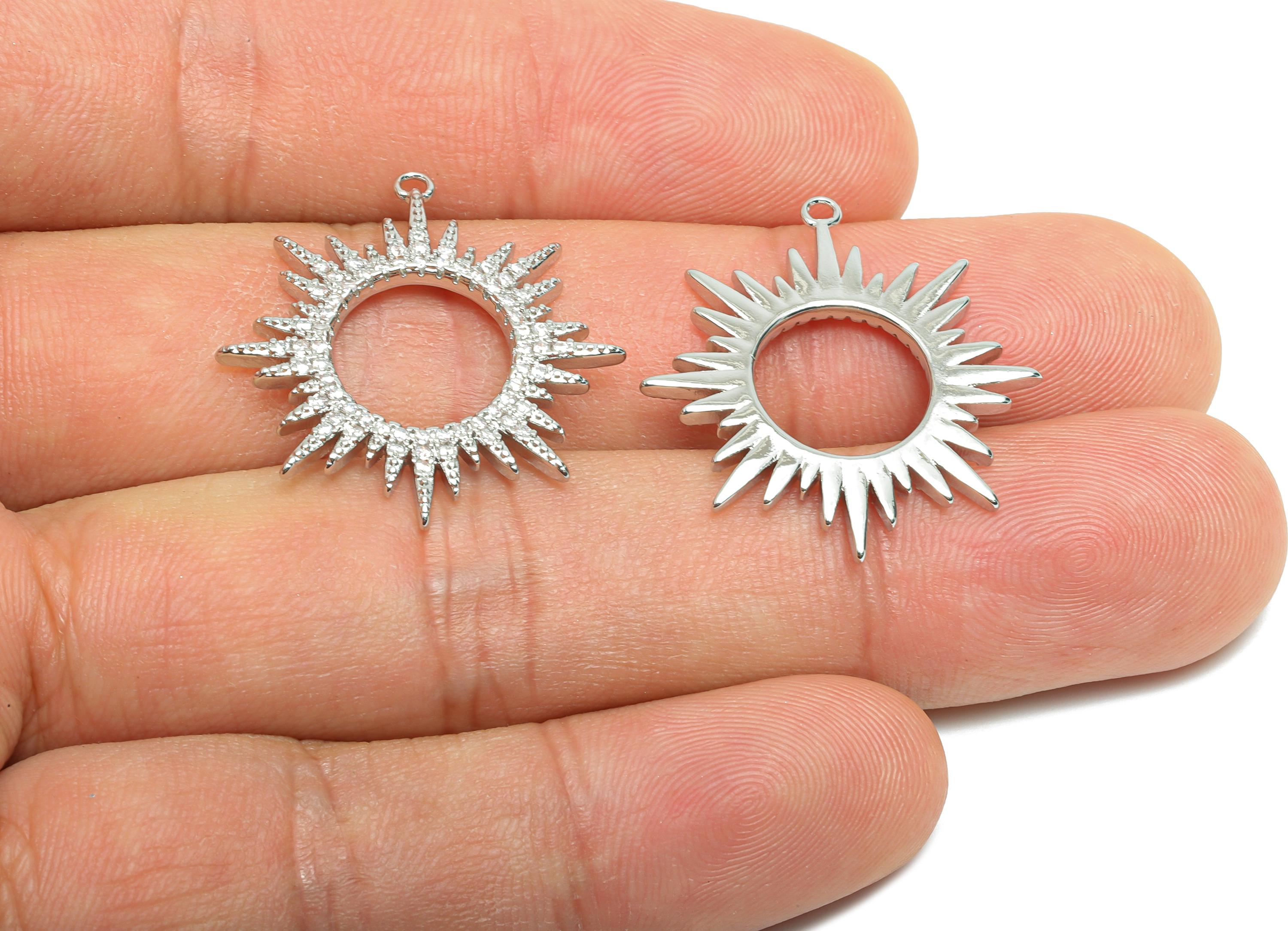 Sunburst Pendant Charm - Brass Silver Sun Earring Charm - Starburst Rhinestone Pendant - Sparkling Circle Pendant - 27x25.2x2mm  - RGP10365 - DOMEDBAZAAR