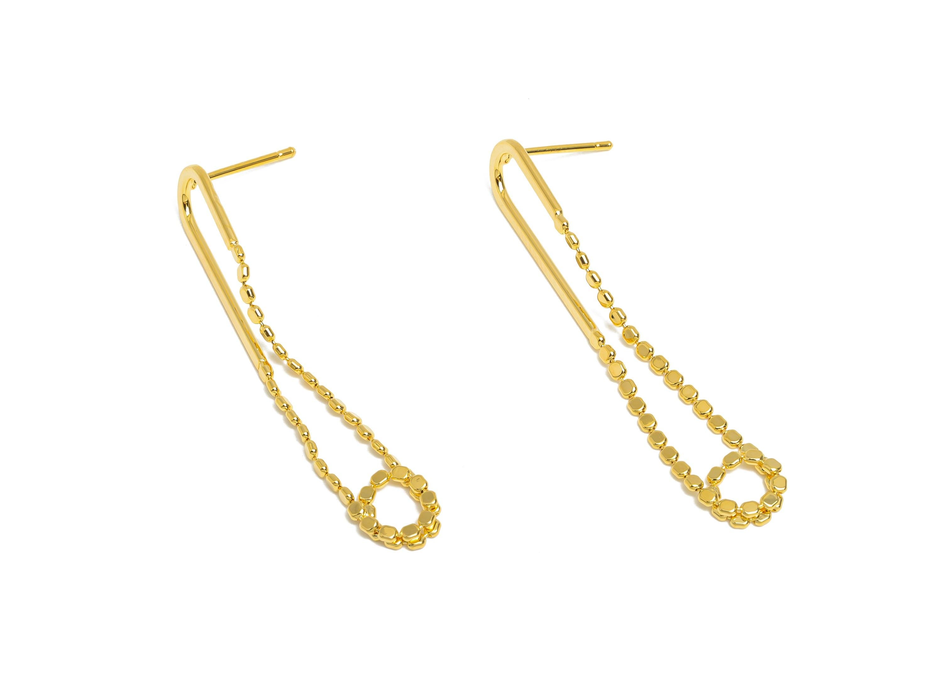 Brass Hanging Chain Earrings Stud - Gold Simple Earrings Post - Geometric Dangle Earrings Post - 18K Real Gold Plated - 44x7.9x1mm - RGP9514 - DOMEDBAZAAR