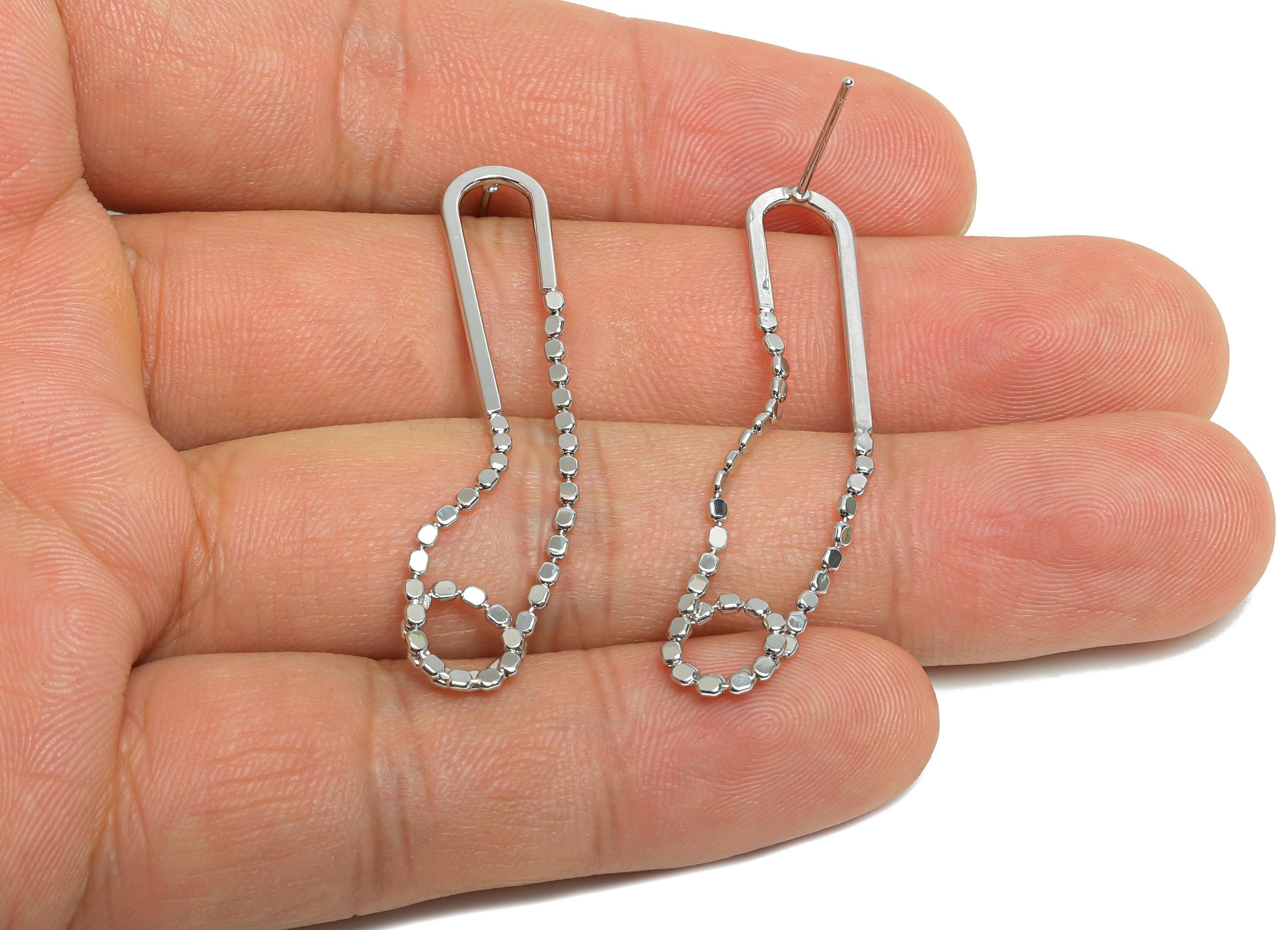 Brass Hanging Chain Earring Stud - White Simple Earring Post - Geometric Dangle Earring Post - 18K White Gold Plated - 44x7.9x1mm - RGP9514S - DOMEDBAZAAR