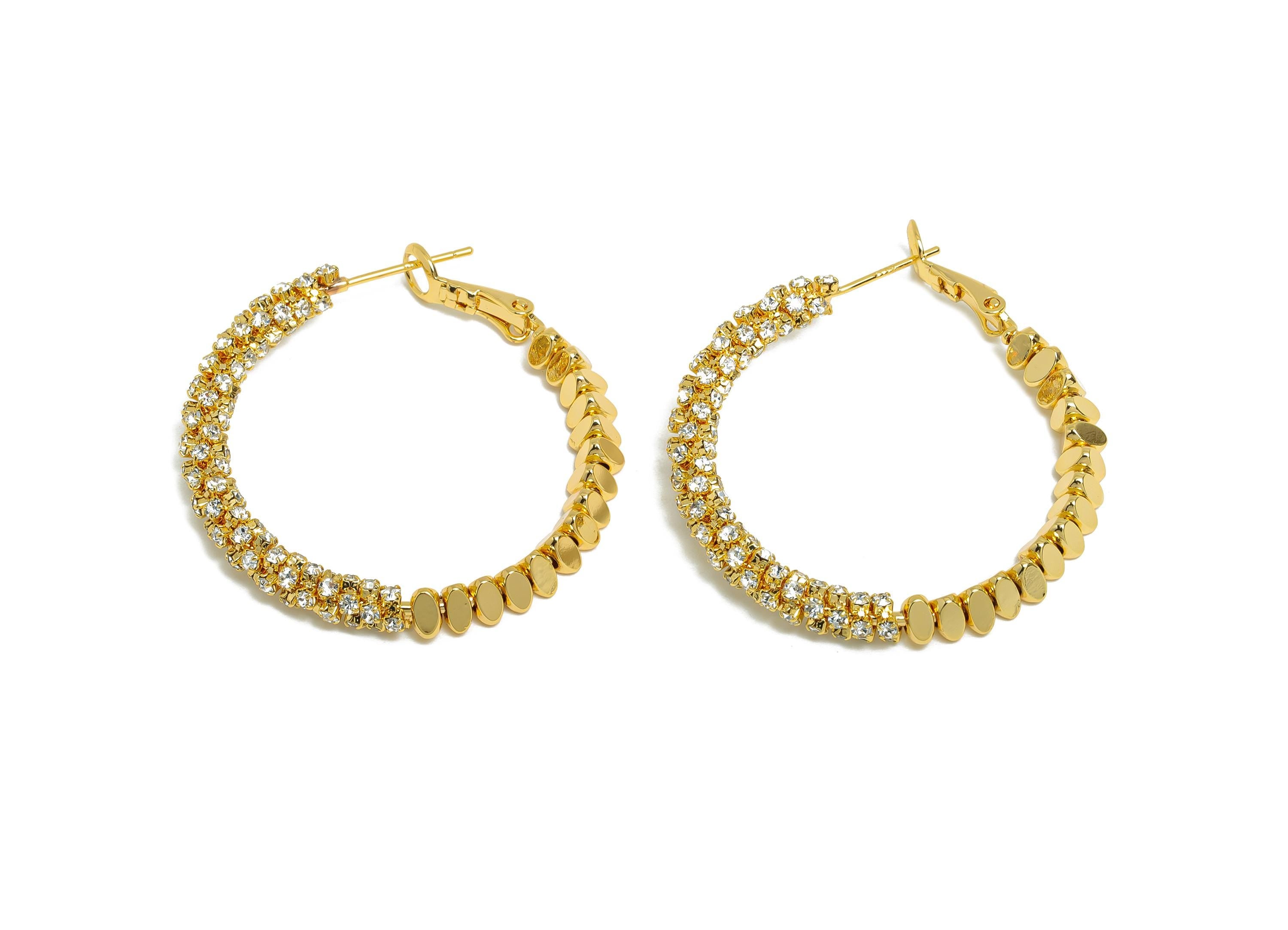 Brass Beaded Hoop Earring - Gold Stacked Triangle Zircon Earring - Geometric Clasp Back Earring - 18K Real Gold-Plated -36x34x4.5mm -RGP9509 - DOMEDBAZAAR