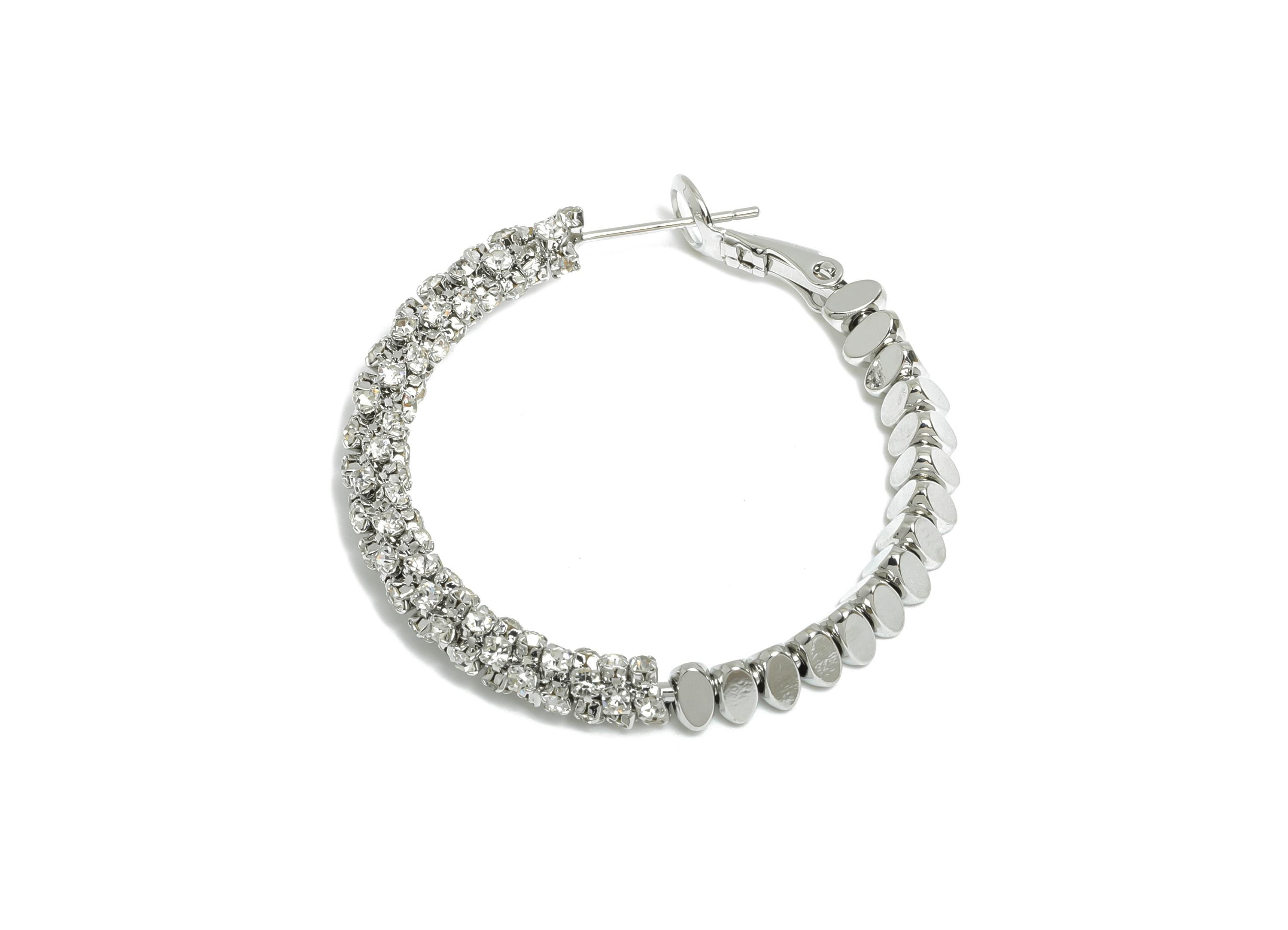 Brass Beaded Hoop Earring - White Stacked Triangle Zircon Earring - Geometric Clasp Back Earring -18K White Gold-Plated-36x34x4.5mm-RGP9509S - DOMEDBAZAAR