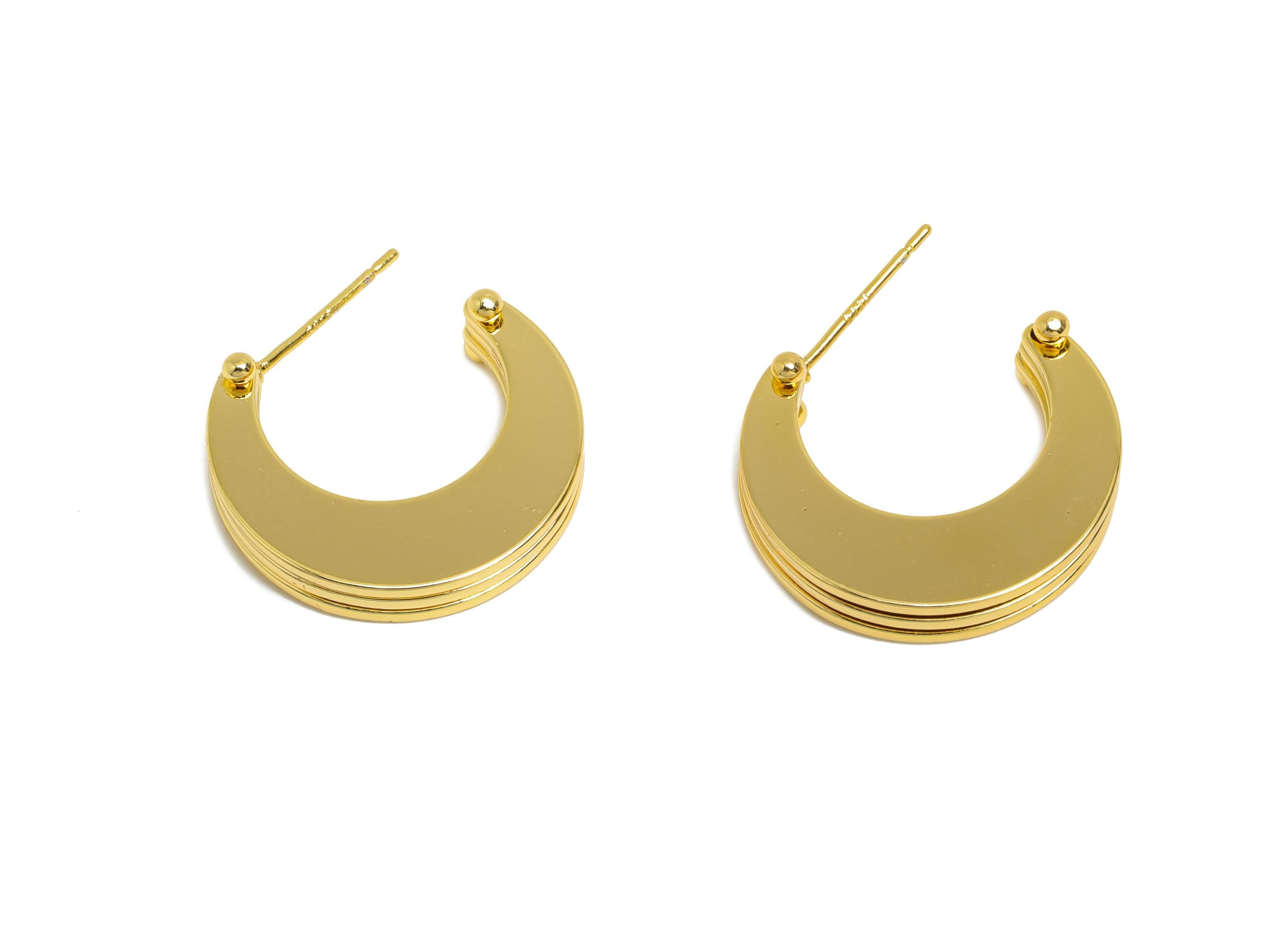 Brass Stacked Crescent Stud Earring - Gold 3 Layers Moon Earring Post - Statement Earring Post - 18K Real Gold Plated -21x18x3.4mm- RGP9531 - DOMEDBAZAAR