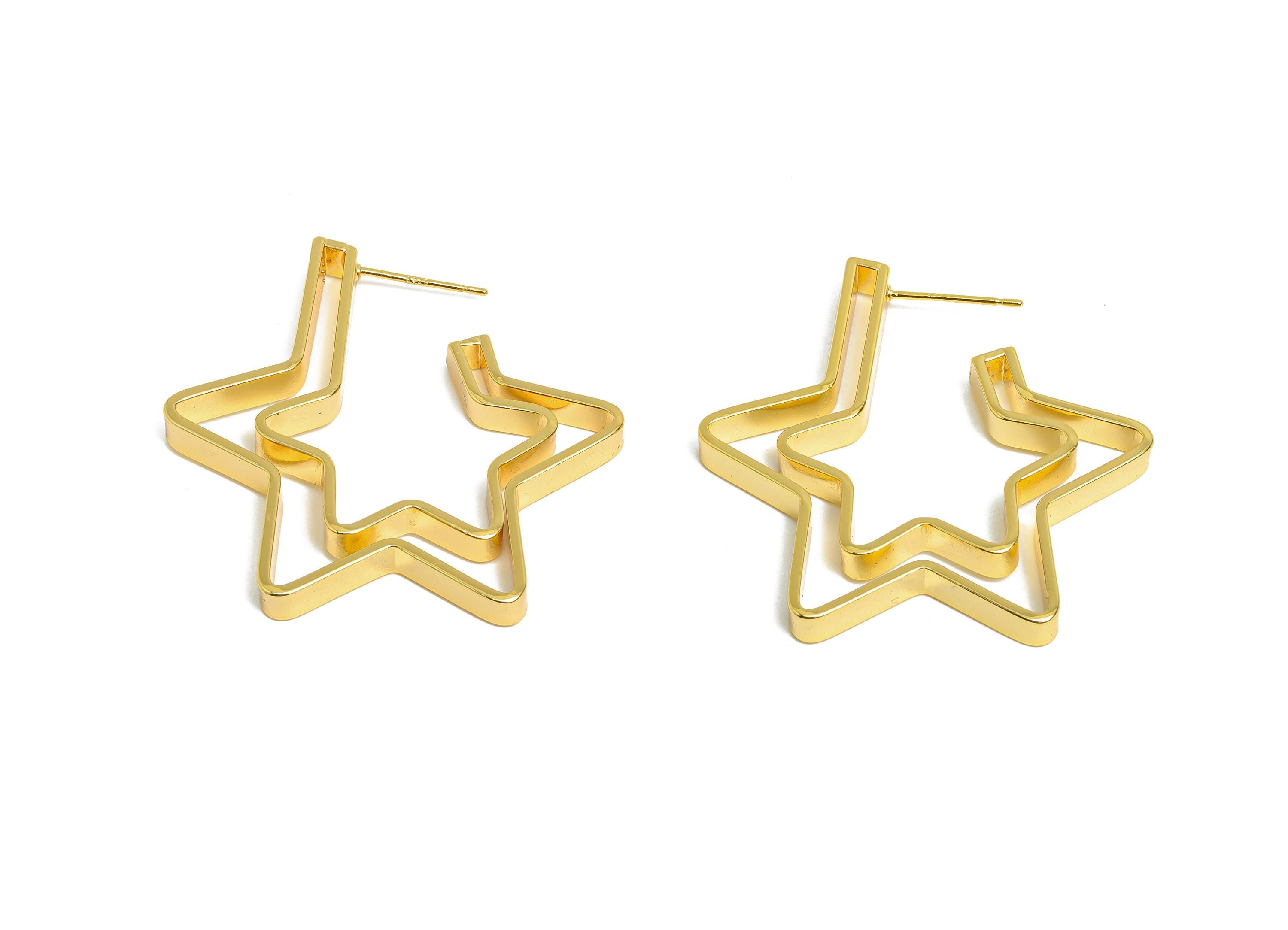 Brass Star Hoop Stud Earrings - Gold Double Layer Star Earrings Post - Statement Earring Post -18K Real Gold Plated - 37.4x34.5x4mm -RGP9527 - DOMEDBAZAAR
