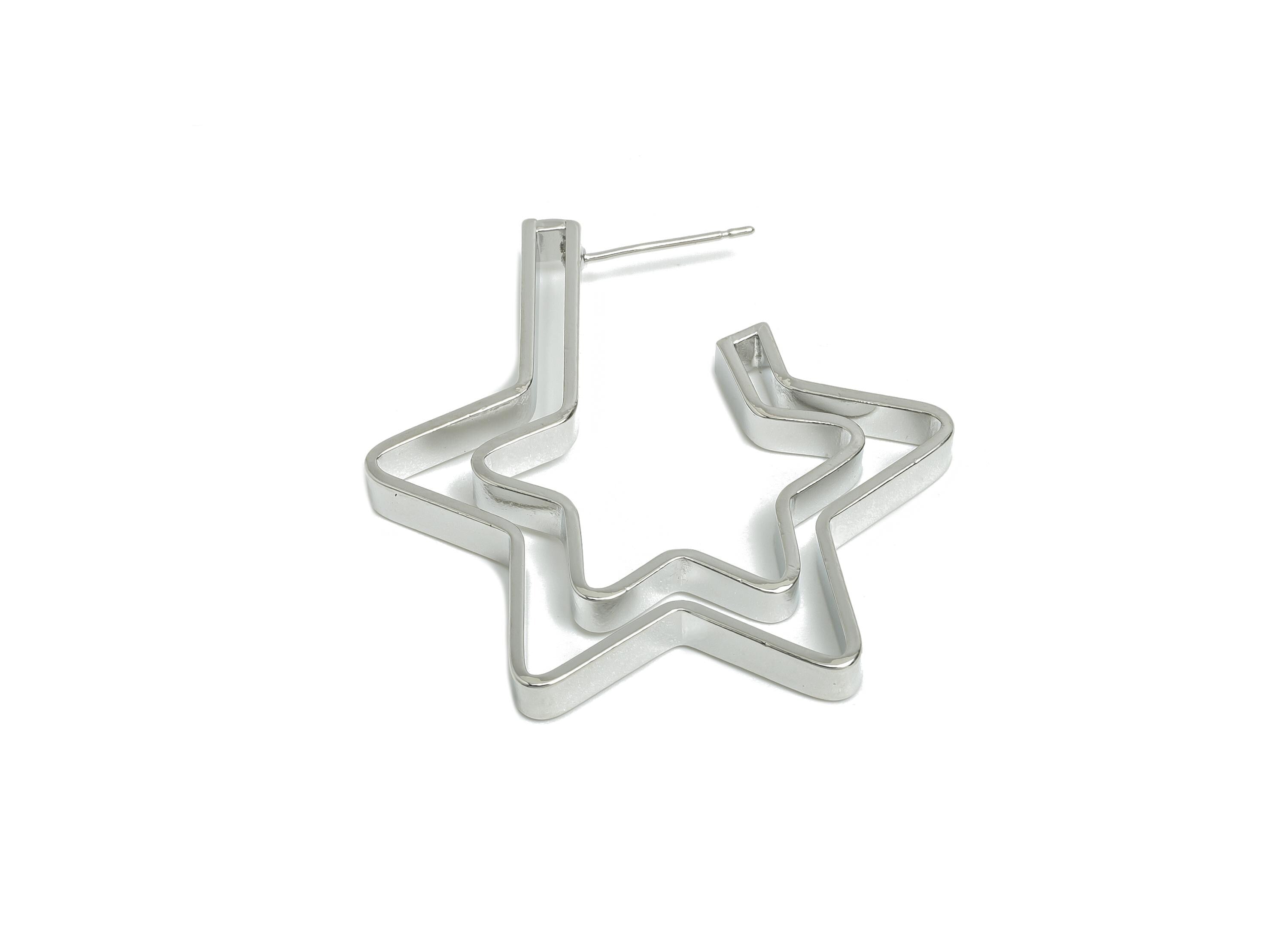 Brass Star Hoop Stud Earring - Silver Double Layer Star Earring Post - Statement Earring Post -18K White Gold Plated -37.4x34.5x4mm-RGP9527S - DOMEDBAZAAR
