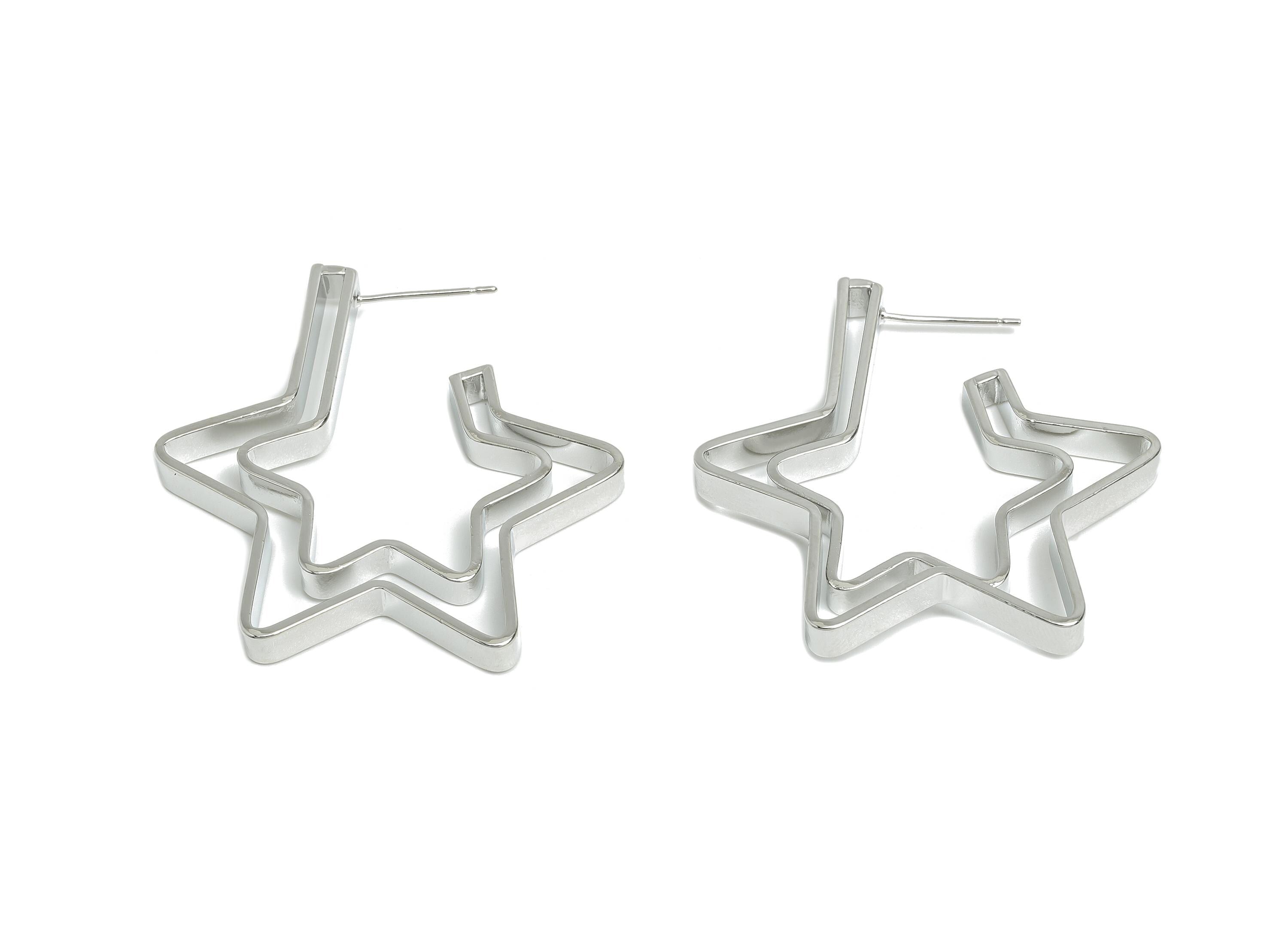 Brass Star Hoop Stud Earring - Silver Double Layer Star Earring Post - Statement Earring Post -18K White Gold Plated -37.4x34.5x4mm-RGP9527S - DOMEDBAZAAR