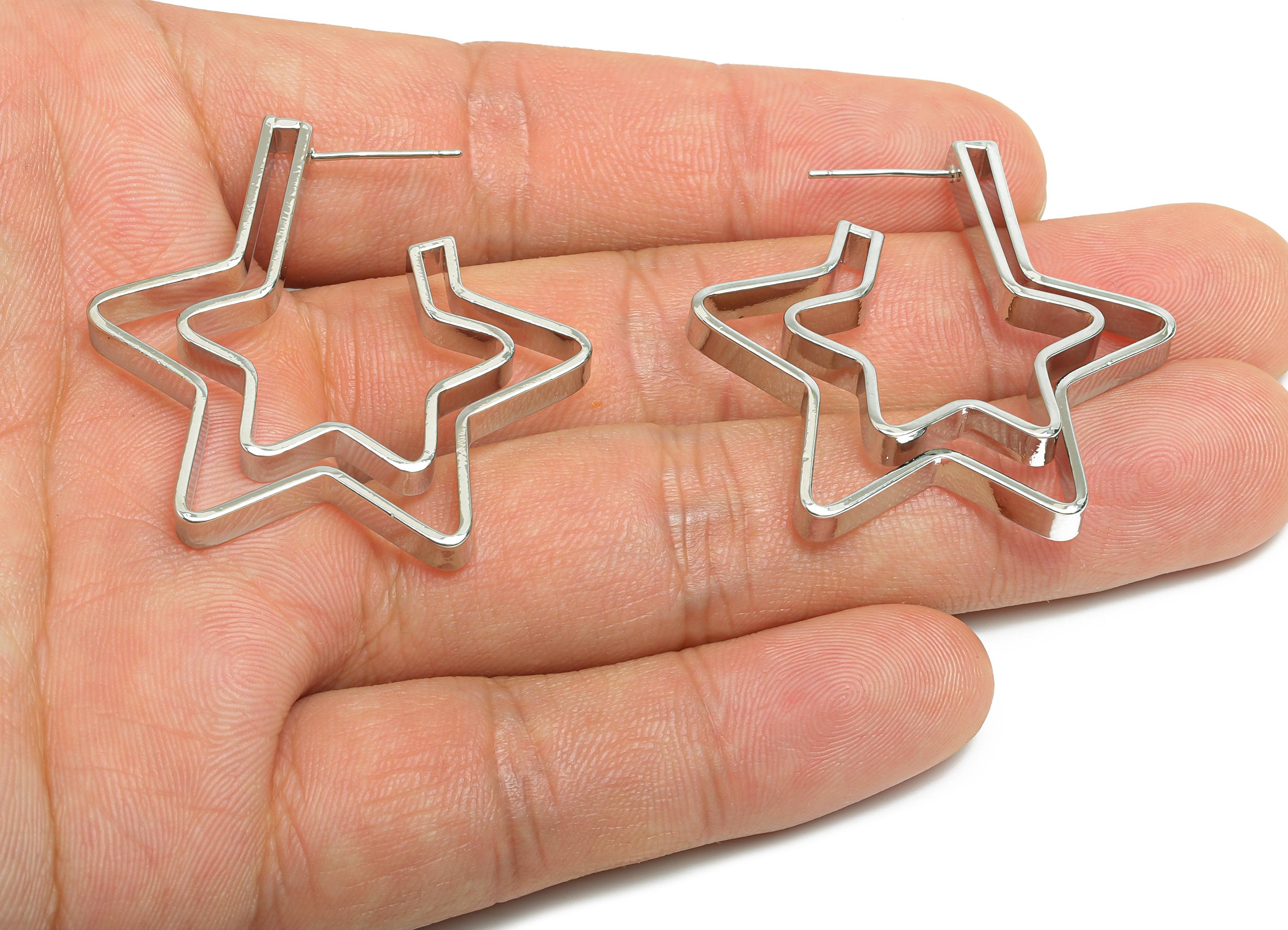 Brass Star Hoop Stud Earring - Silver Double Layer Star Earring Post - Statement Earring Post -18K White Gold Plated -37.4x34.5x4mm-RGP9527S - DOMEDBAZAAR