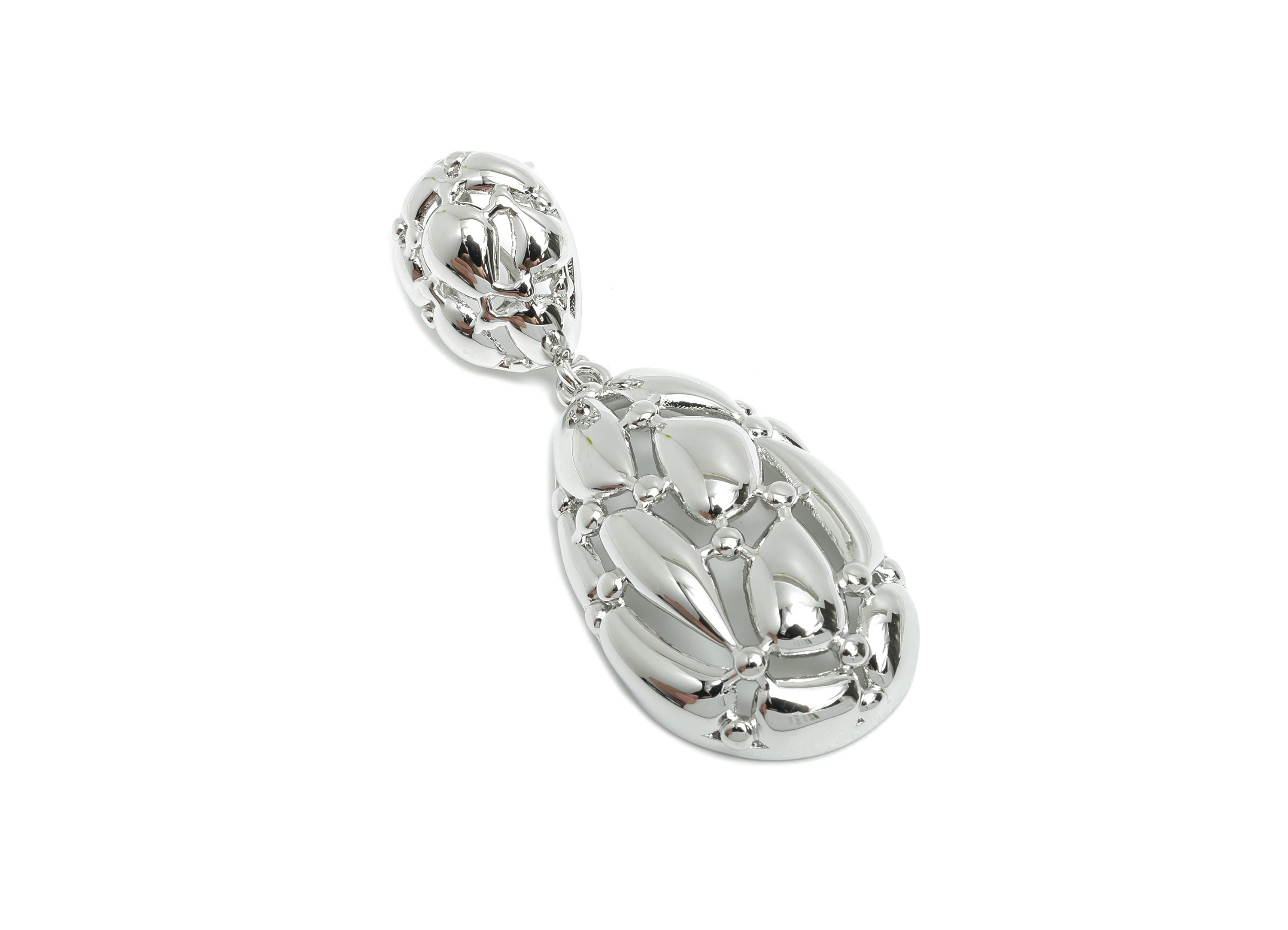 Bold Drop Earring Stud - Brass Dangle Earring Stud - Dainty Intricate Dangle Earring - Silver Teardrop Earring Stud - 51x19x8mm - RGP10328 - DOMEDBAZAAR