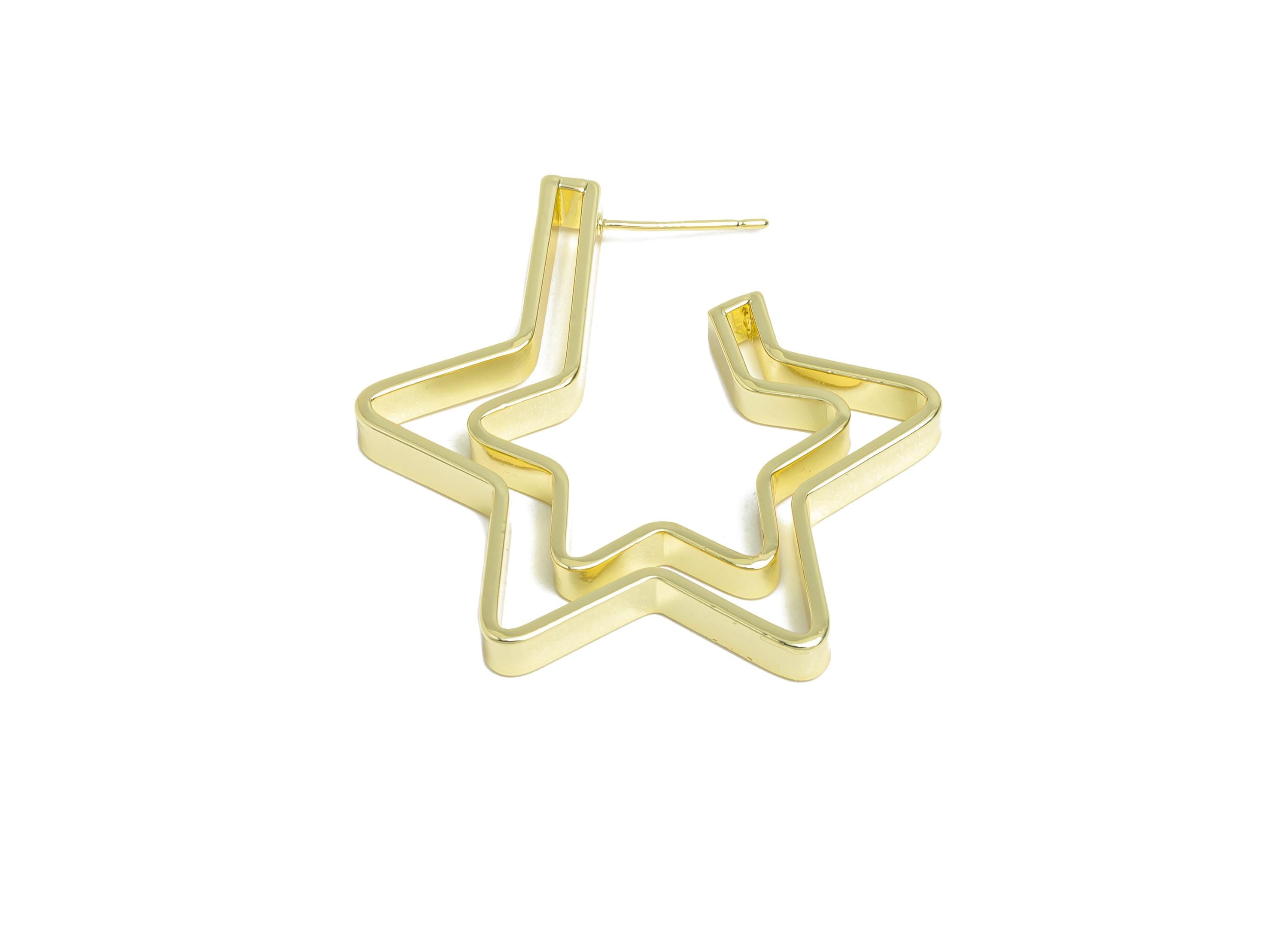 Brass Star Hoop Stud Earring - Gold Double Layer Star Earring Post - Statement Earring Post -14K Real Gold Plated -37.4x34.5x4mm -RGP9527-14 - DOMEDBAZAAR