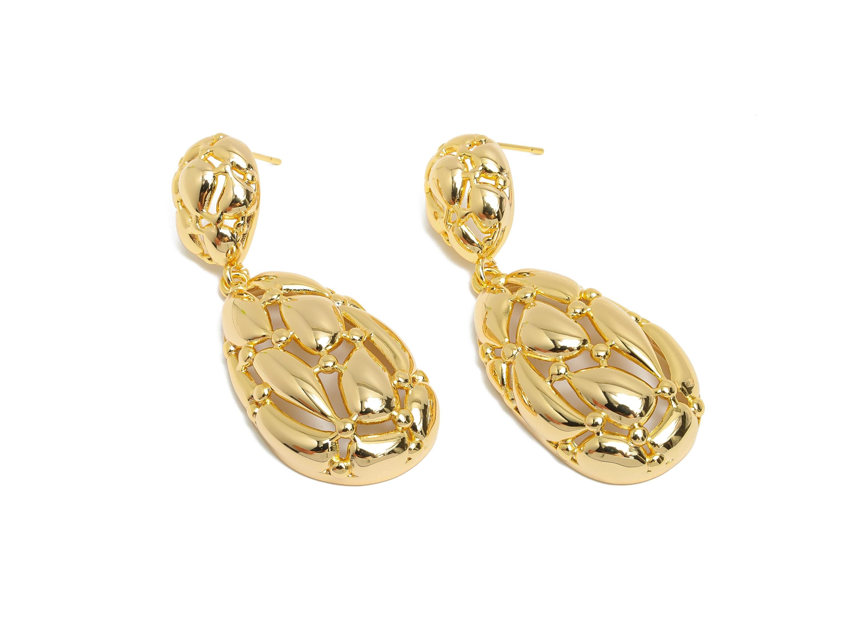 Bold Drop Earring Stud - Brass Dangle Earring Stud - Dainty Intricate Dangle Earring - Gold Teardrop Earring Stud - 51x19x8mm - RGP10327 - DOMEDBAZAAR