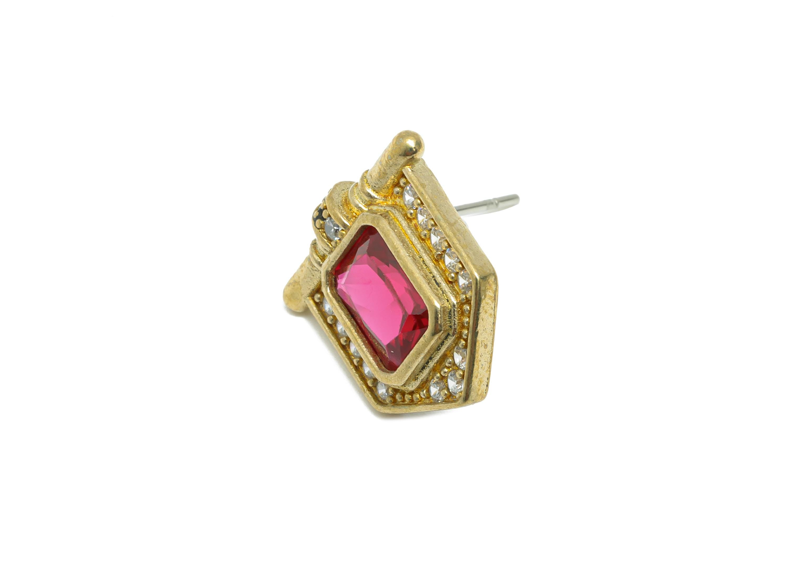 Red Gemstone Stud Earring - Raw Brass Vintage Gemstone Stud - Red Zircon Earring Post - Dainty Fashion Jewelry Earring  - 16x15x3mm -PP10985 - DOMEDBAZAAR