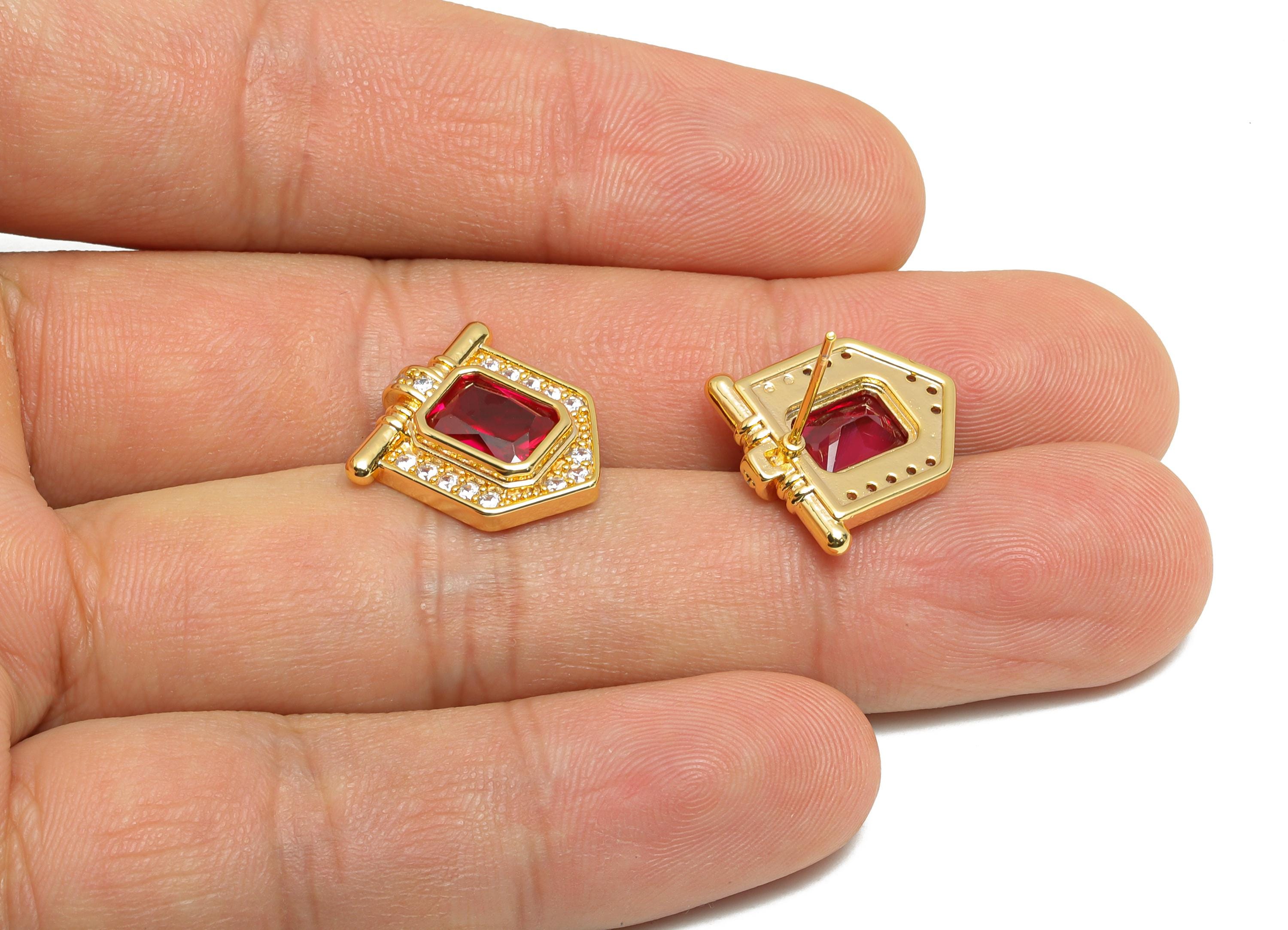 Red Gemstone Stud Earring - Brass Vintage Gemstone Stud - Gold Zircon Earring Post - Dainty Fashion Jewelry Earring  - 16x15x3mm - RGP10322 - DOMEDBAZAAR