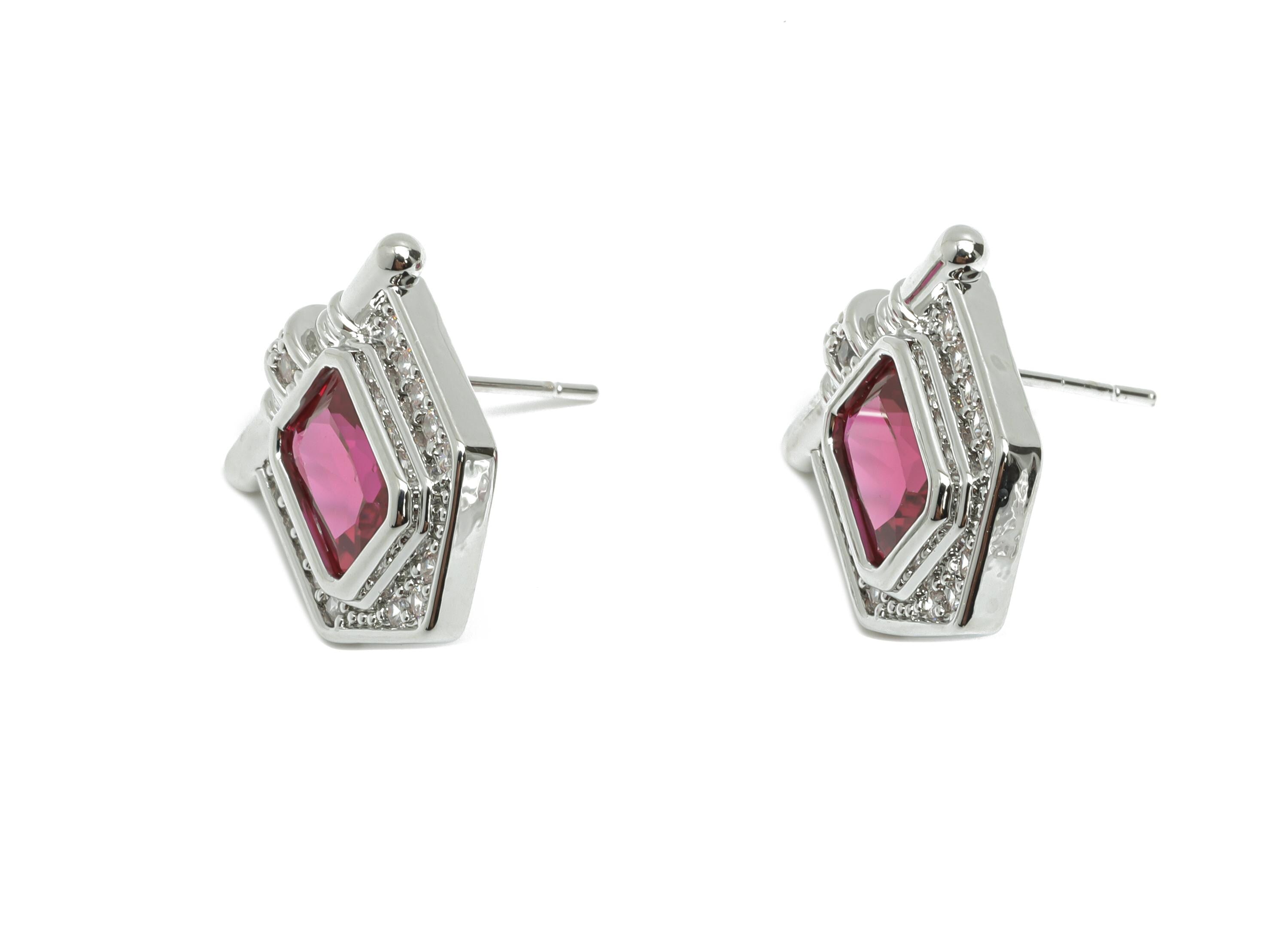 Red Gemstone Stud Earring - Brass Vintage Gemstone Stud - Silver Zircon Earring Post - Dainty Fashion Jewelry Earring  - 16x15x3mm -RGP10323 - DOMEDBAZAAR