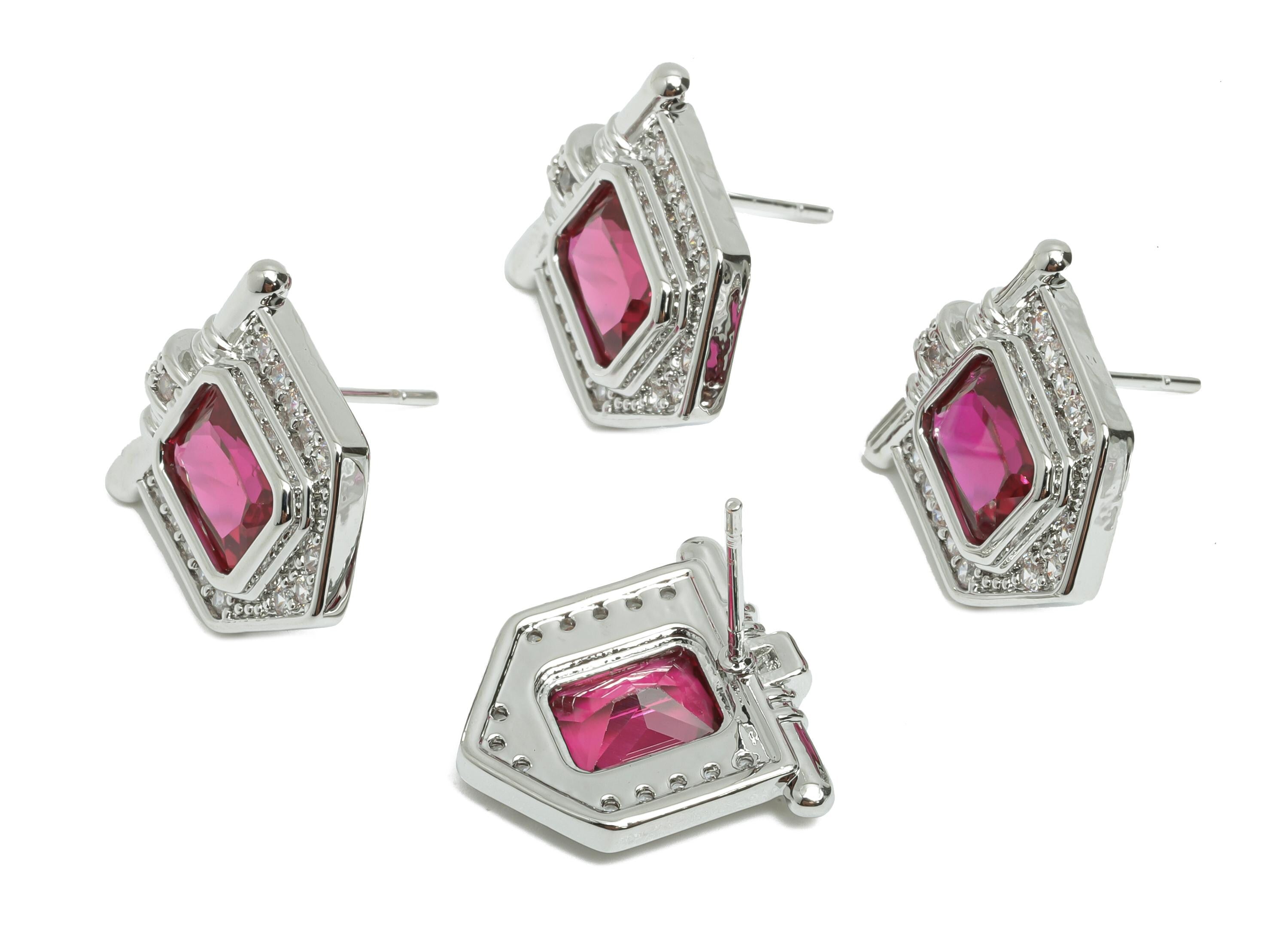 Red Gemstone Stud Earring - Brass Vintage Gemstone Stud - Silver Zircon Earring Post - Dainty Fashion Jewelry Earring  - 16x15x3mm -RGP10323 - DOMEDBAZAAR