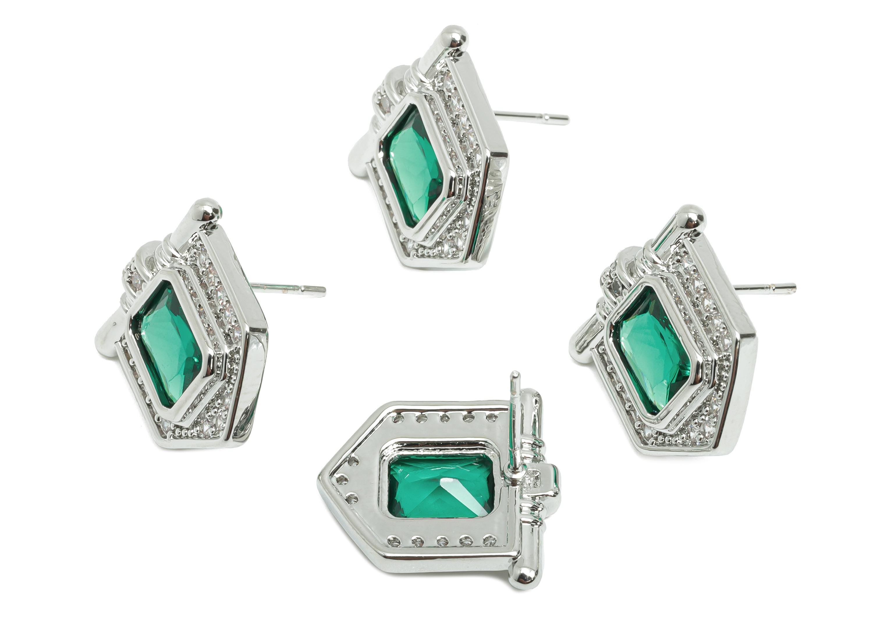 Green Gemstone Stud Earring - Brass Vintage Gemstone Stud - Silver Zircon Earring Post - Dainty Fashion Jewelry Earring  -16x15x3mm-RGP10325 - DOMEDBAZAAR