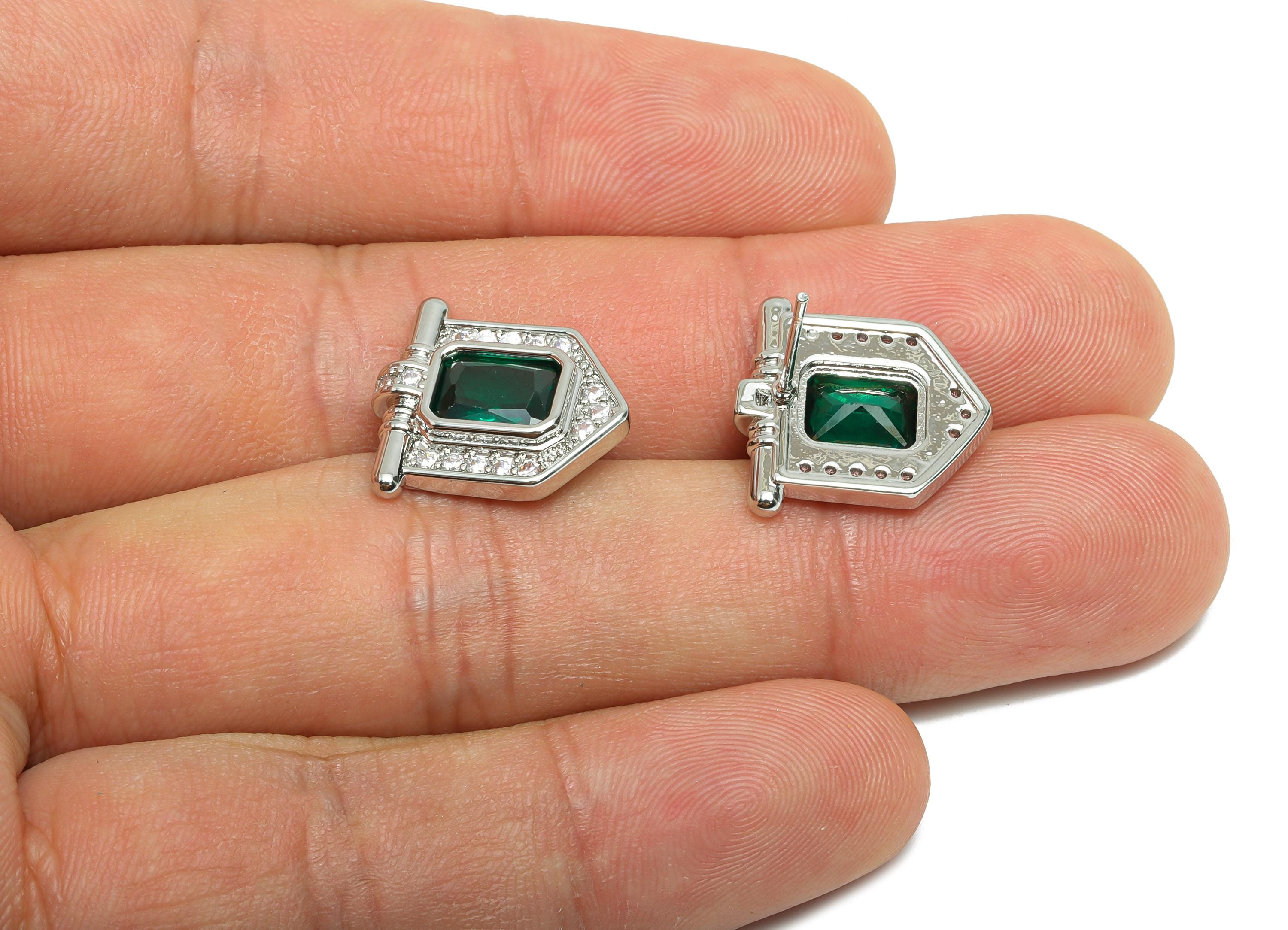 Green Gemstone Stud Earring - Brass Vintage Gemstone Stud - Silver Zircon Earring Post - Dainty Fashion Jewelry Earring  -16x15x3mm-RGP10325 - DOMEDBAZAAR