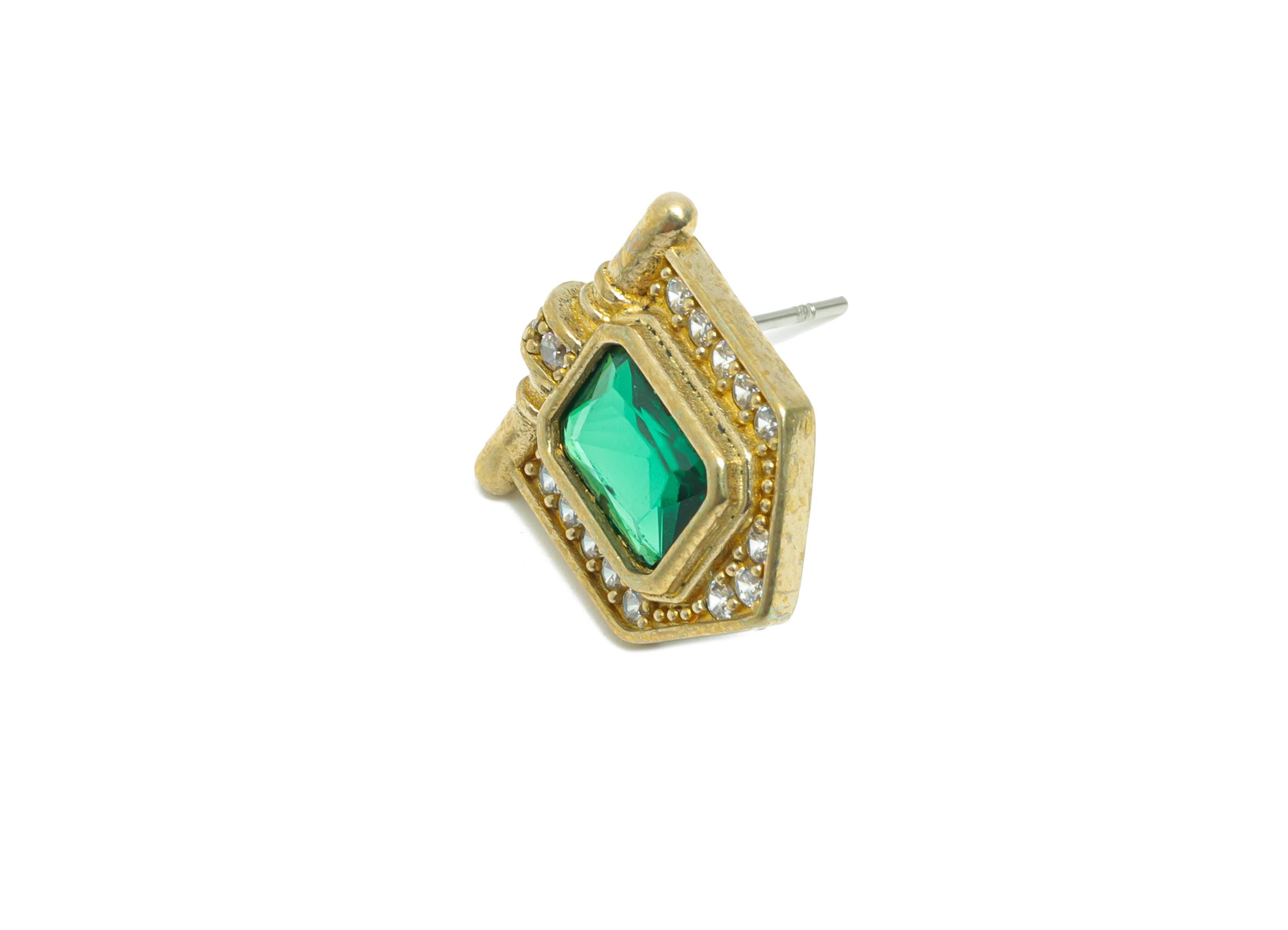 Green Gemstone Stud Earring - Raw Brass Vintage Gemstone Stud - Zircon Earring Post - Dainty Fashion Jewelry Earring  - 16x15x3mm -PP10986 - DOMEDBAZAAR