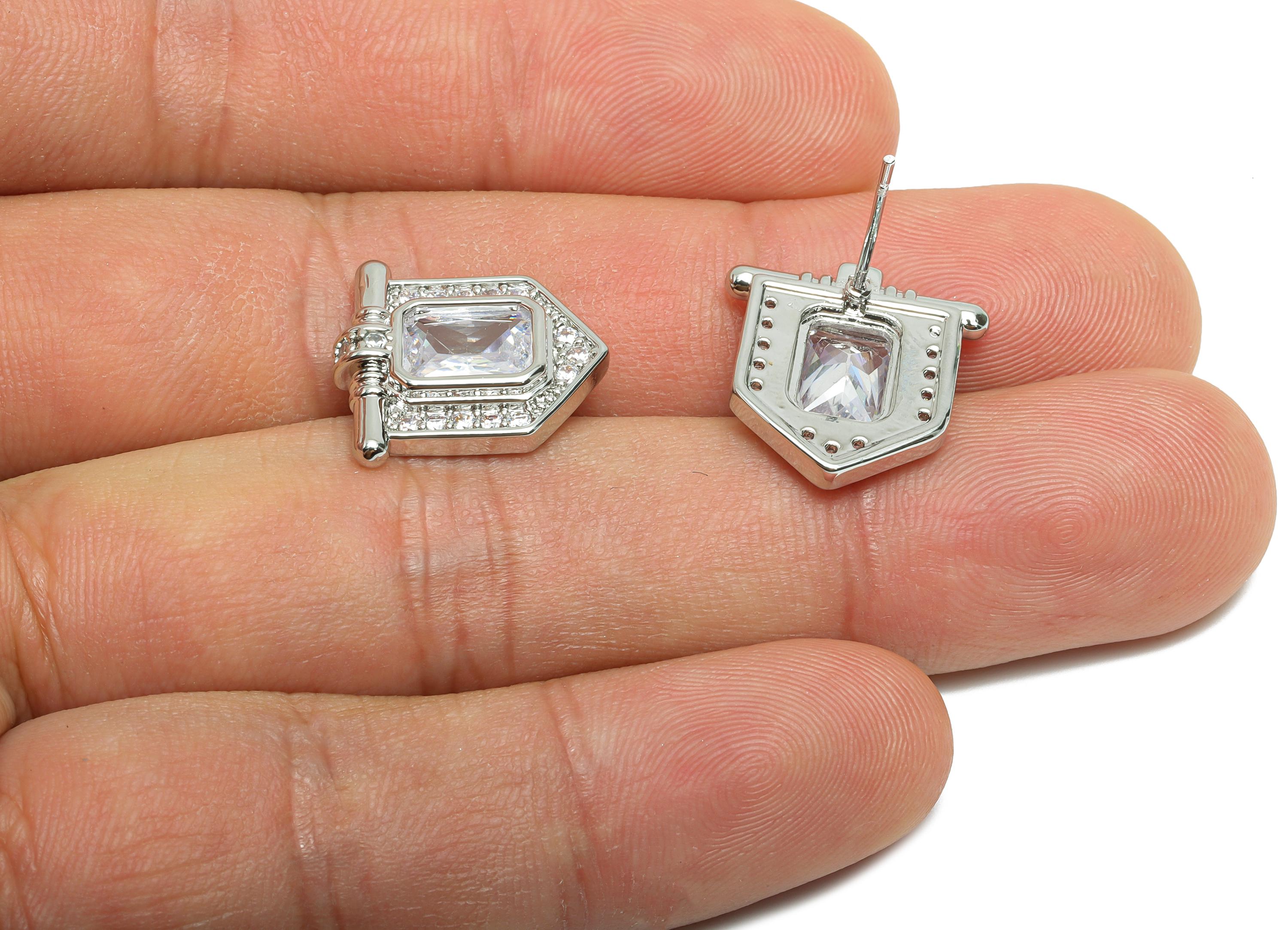 White Gemstone Stud Earring - Brass Vintage Gemstone Stud - Silver Zircon Earring Post - Dainty Fashion Jewelry Earring  -16x16x3mm-RGP10321 - DOMEDBAZAAR