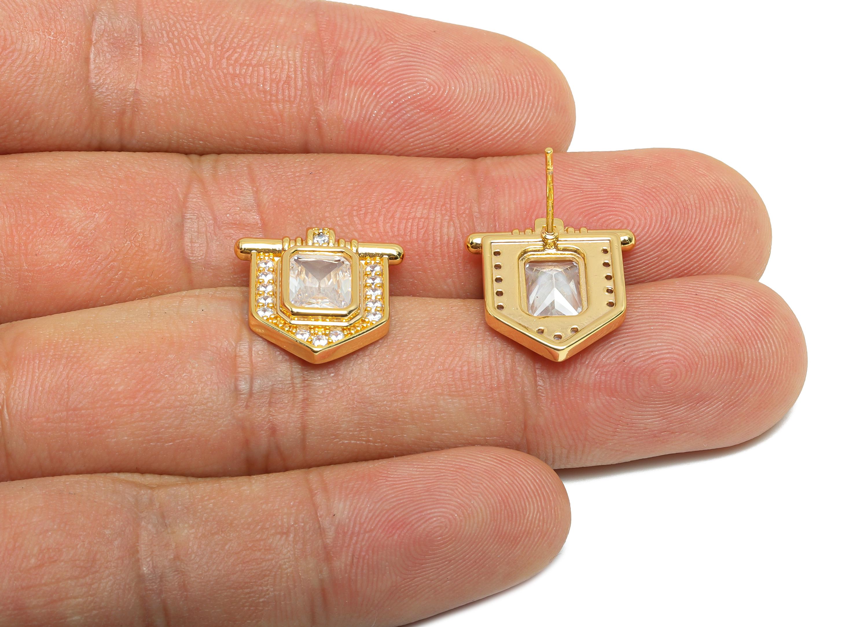 White Gemstone Stud Earring - Brass Vintage Gemstone Stud - Gold Zircon Earring Post - Dainty Fashion Jewelry Earring  -16x16x3mm-RGP10320 - DOMEDBAZAAR