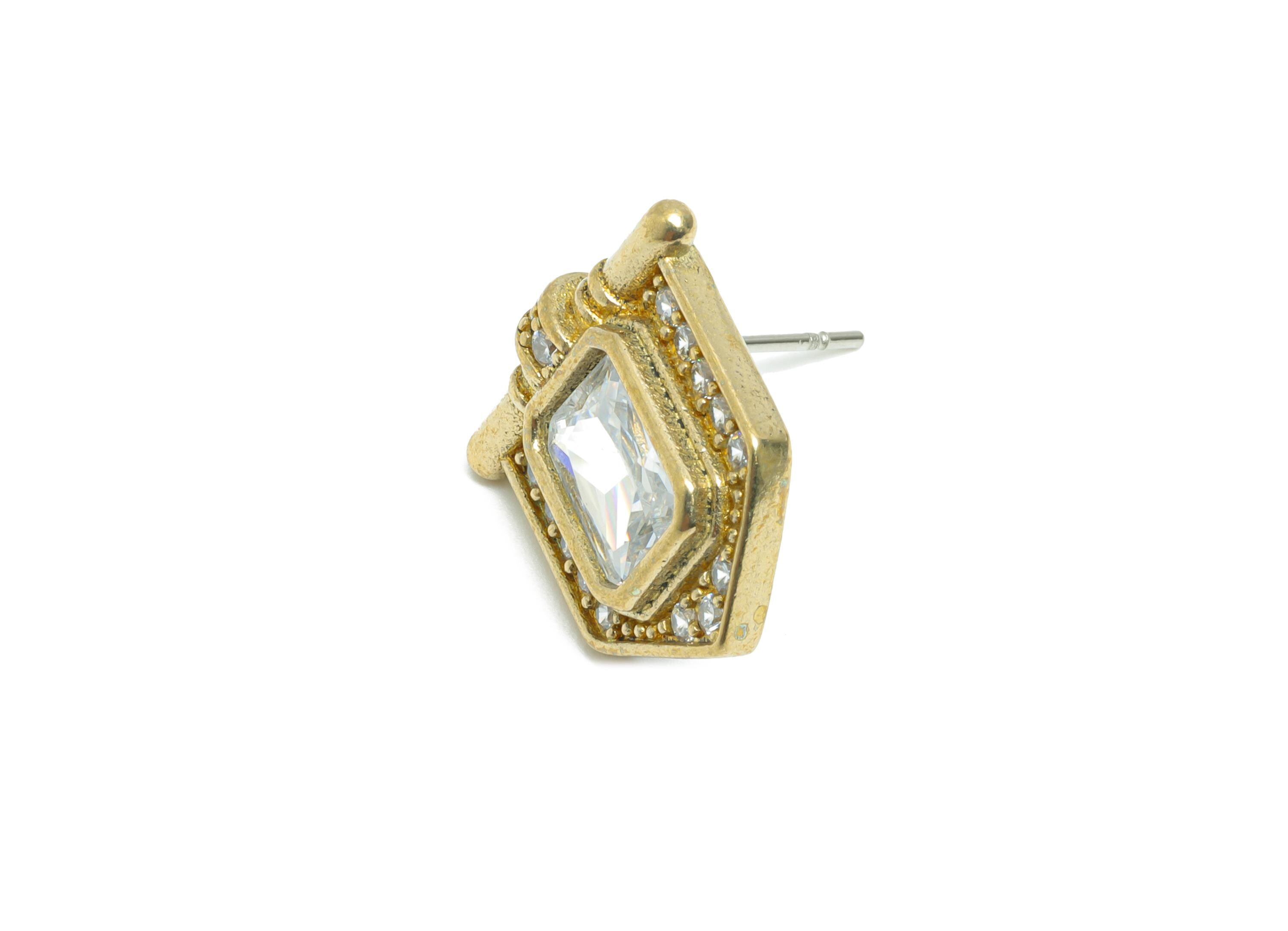 White Gemstone Stud Earring - Raw Brass Vintage Gemstone Stud - Zircon Earring Post - Dainty Fashion Jewelry Earring  -16x16x3mm - PP10984 - DOMEDBAZAAR