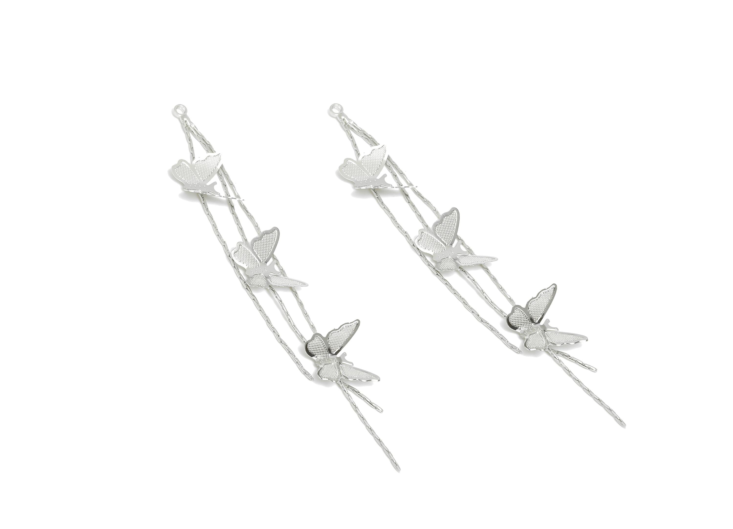 Butterfly Dangle Charms - Silver Dangling Butterfly Decoration - Graceful Butterfly Jewelry - 18K Real White Gold Plated -81x10x1mm-RGP9566S - DOMEDBAZAAR