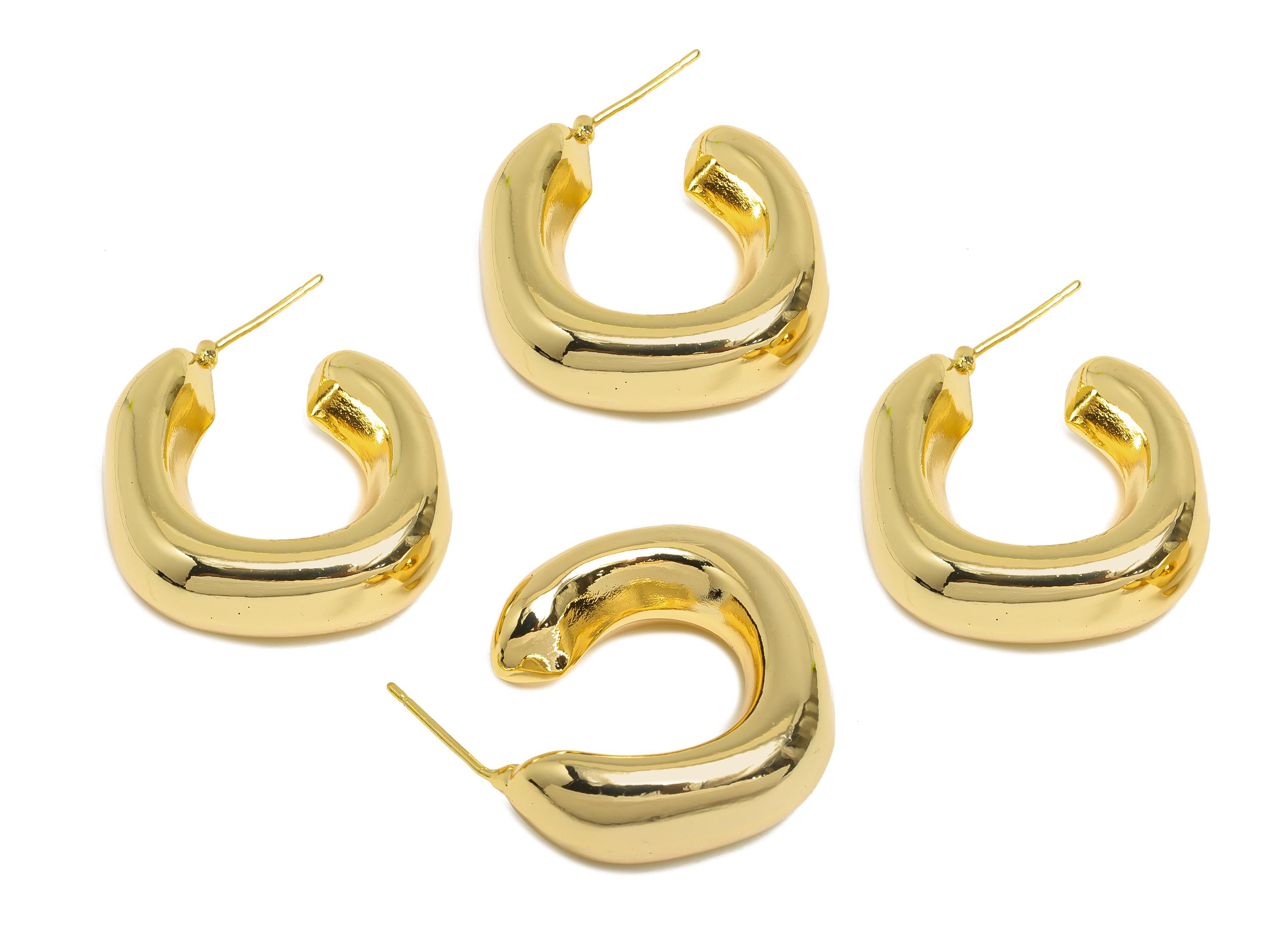 Brass Open C Hoop Earrings Post - Gold Thick Hoop Stud Earrings - Geometric Chunky Earrings - 18K Real Gold Plating - 27x25x9.5mm - RGP9500 - DOMEDBAZAAR