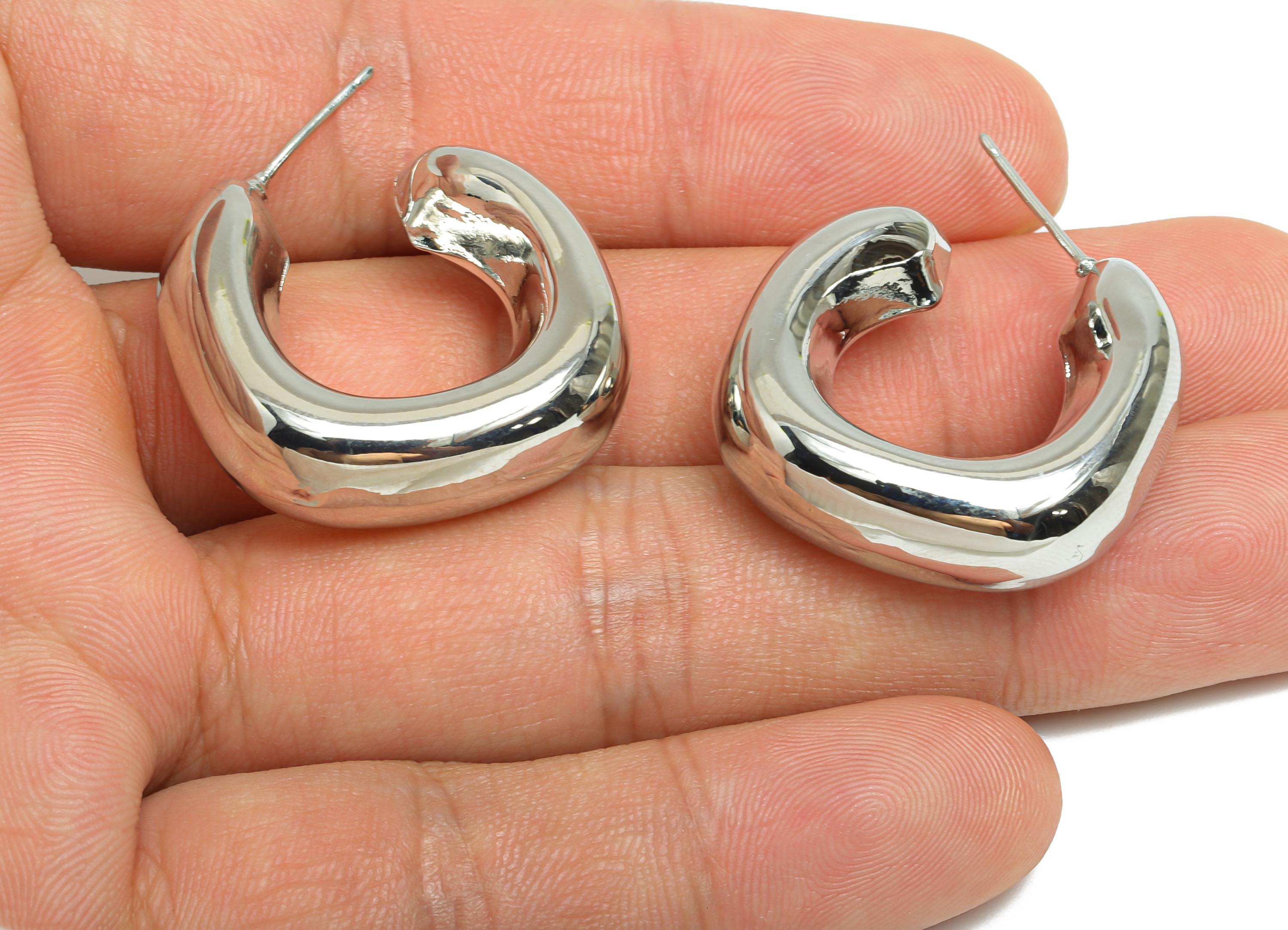 Brass Open C Hoop Earring Post - Silver Thick Hoop Stud Earring - Geometric Chunky Earring -18K Real White Gold Plated -27x25x9.5mm-RGP9500S - DOMEDBAZAAR