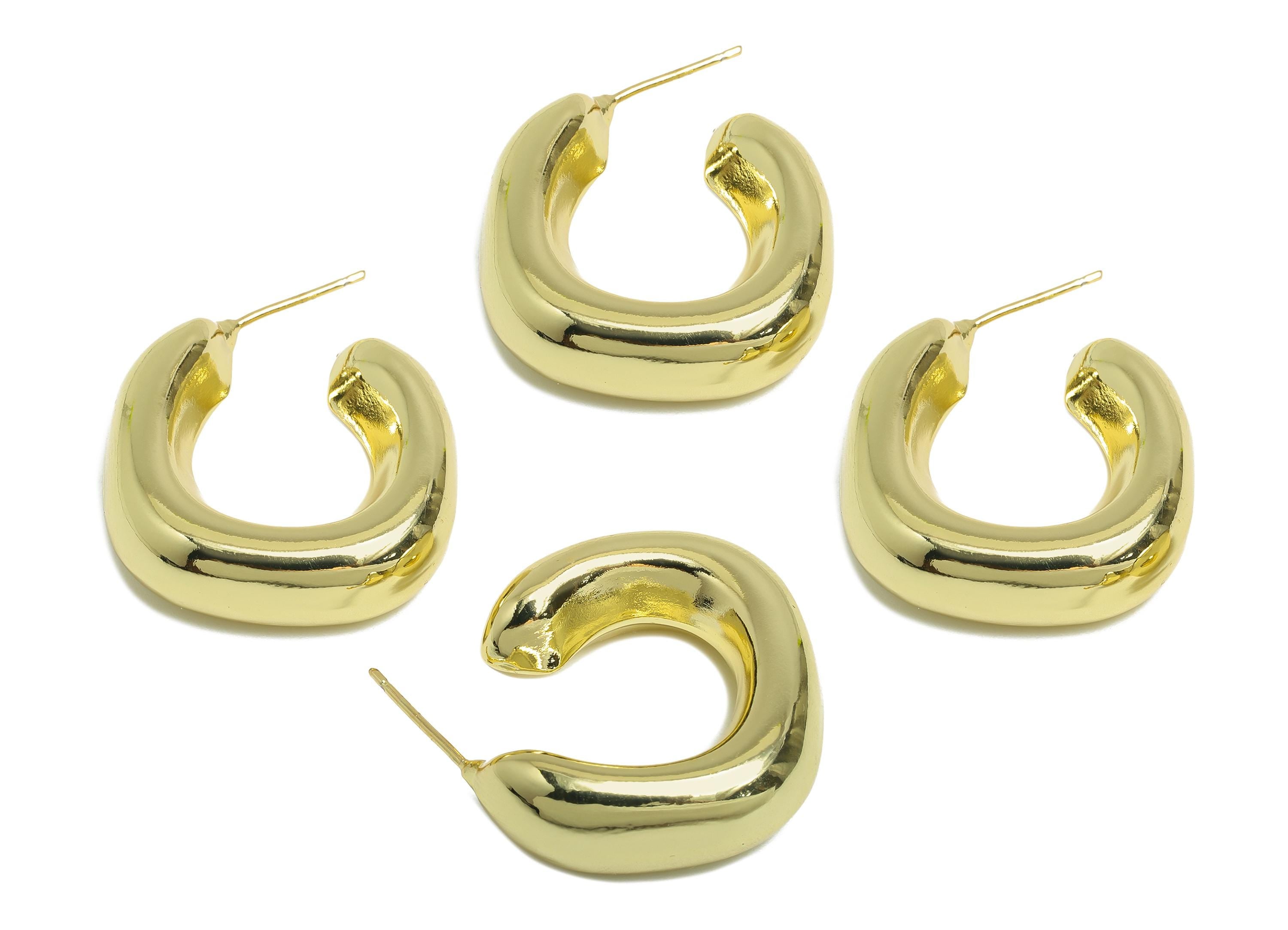 Brass Open C Hoop Earring Post - Gold Thick Hoop Stud Earrings - Geometric Chunky Earrings - 14K Real Gold Plated - 27x25x9.5mm - RGP9500-14 - DOMEDBAZAAR