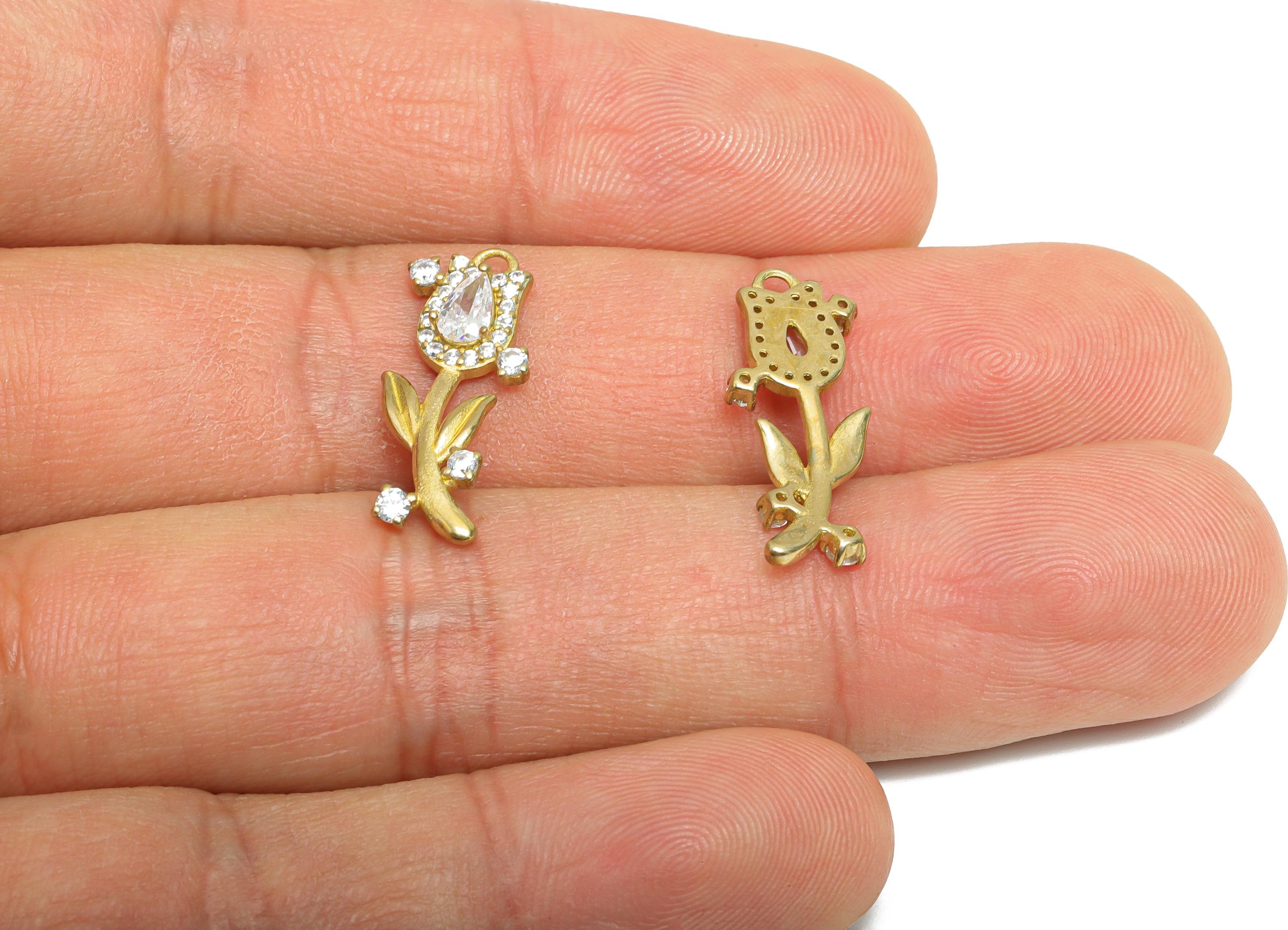Brass Dainty Rhinestone Earring Charm - Raw Brass Crystal Flower Pendant - Sparkling Teardrop Tulip Earring Charm - 21x8x2mm - PP11066 - DOMEDBAZAAR