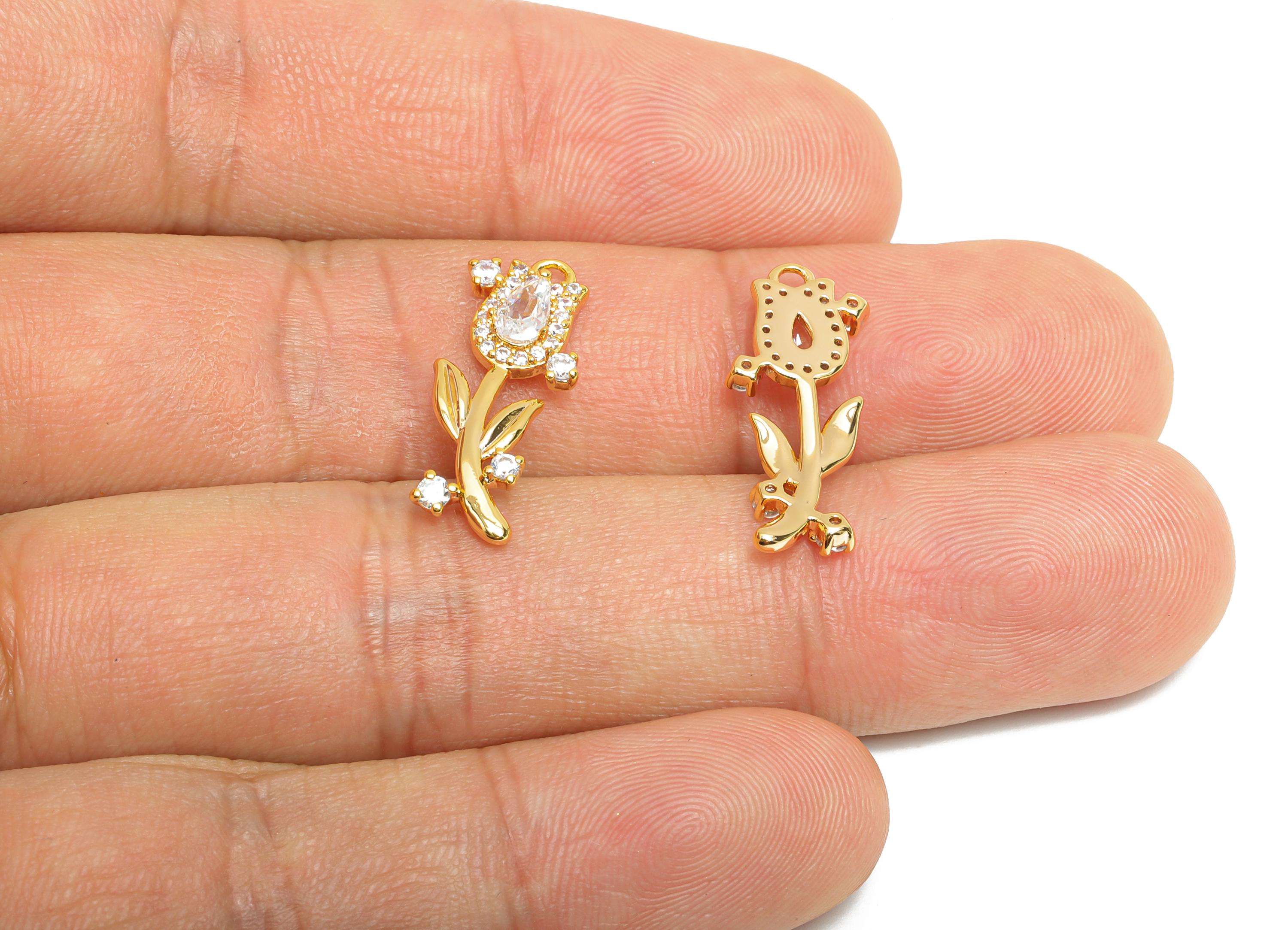 Brass Dainty Rhinestone Earring Charm - Brass Crystal Flower Pendant - Gold Sparkling Teardrop Tulip Earring Charm - 21x8x2mm - RGP10407 - DOMEDBAZAAR