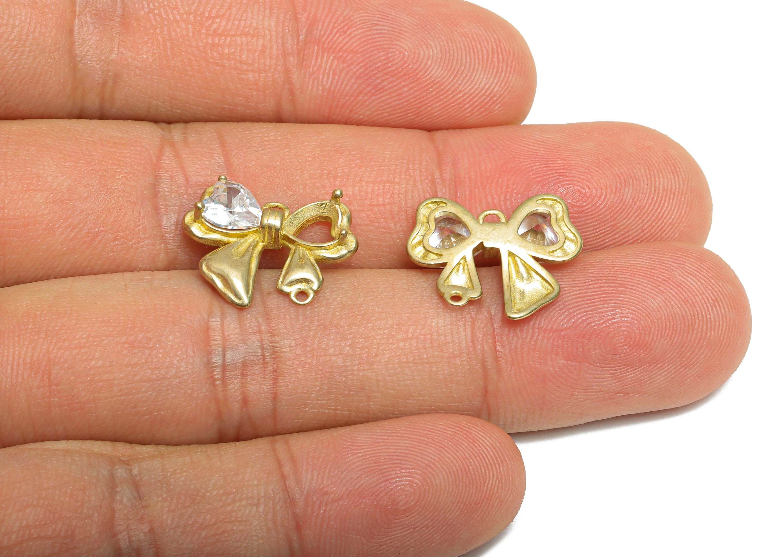 Sparking Crystal Bow Charm - Raw Brass Bow Jewelry Accessory - Rhinestone Embellished Ribbon Bow Pendant With Loop - 14x14x3mm - PP11057 - DOMEDBAZAAR