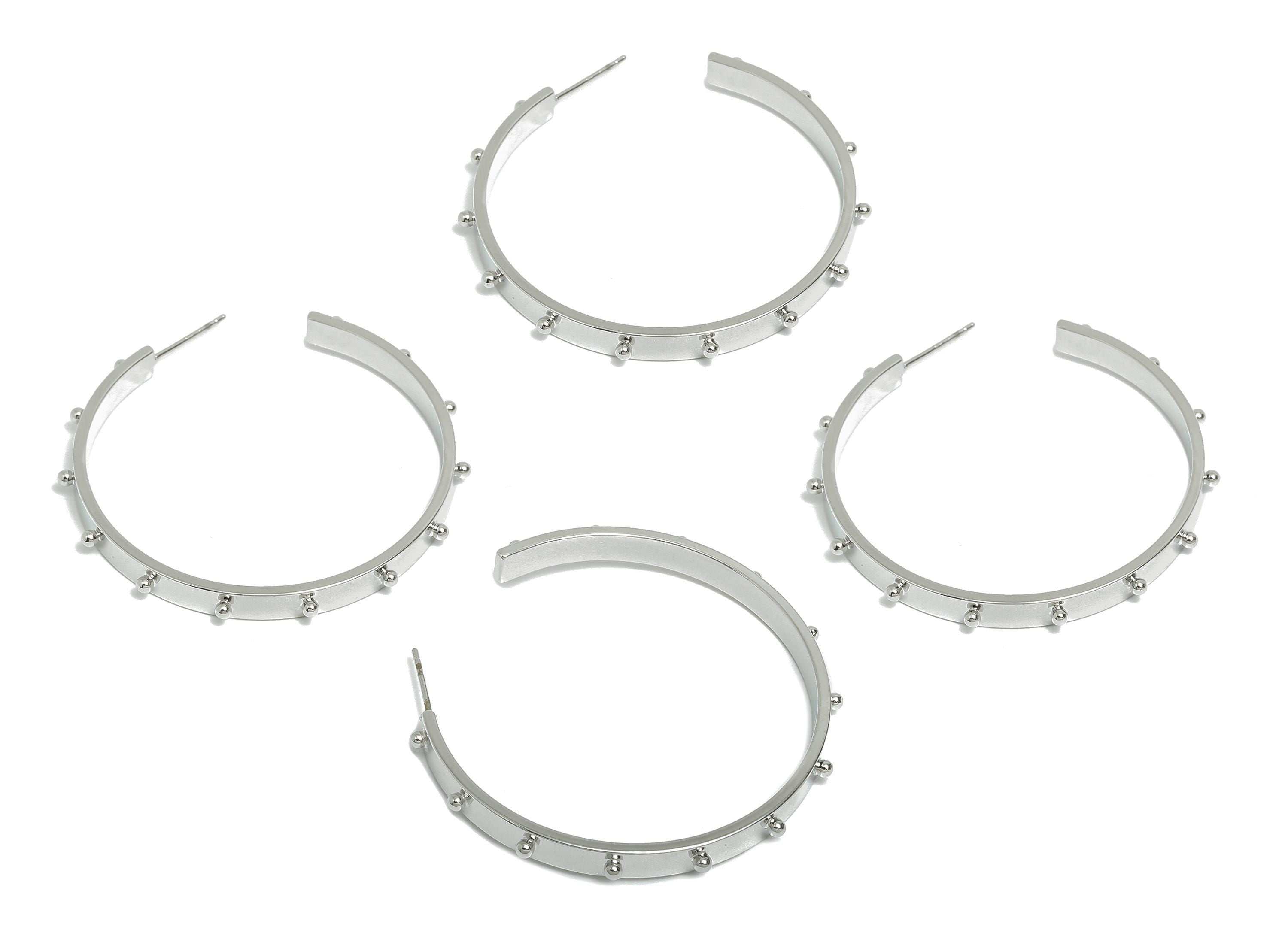 Brass Open C Hoop Earring - Silver Studded Wide Hoop Earring Stud - Brass Sleek Earring Post -18K White Gold Plated -46.8x4.5x7.6mm-RGP9525S - DOMEDBAZAAR