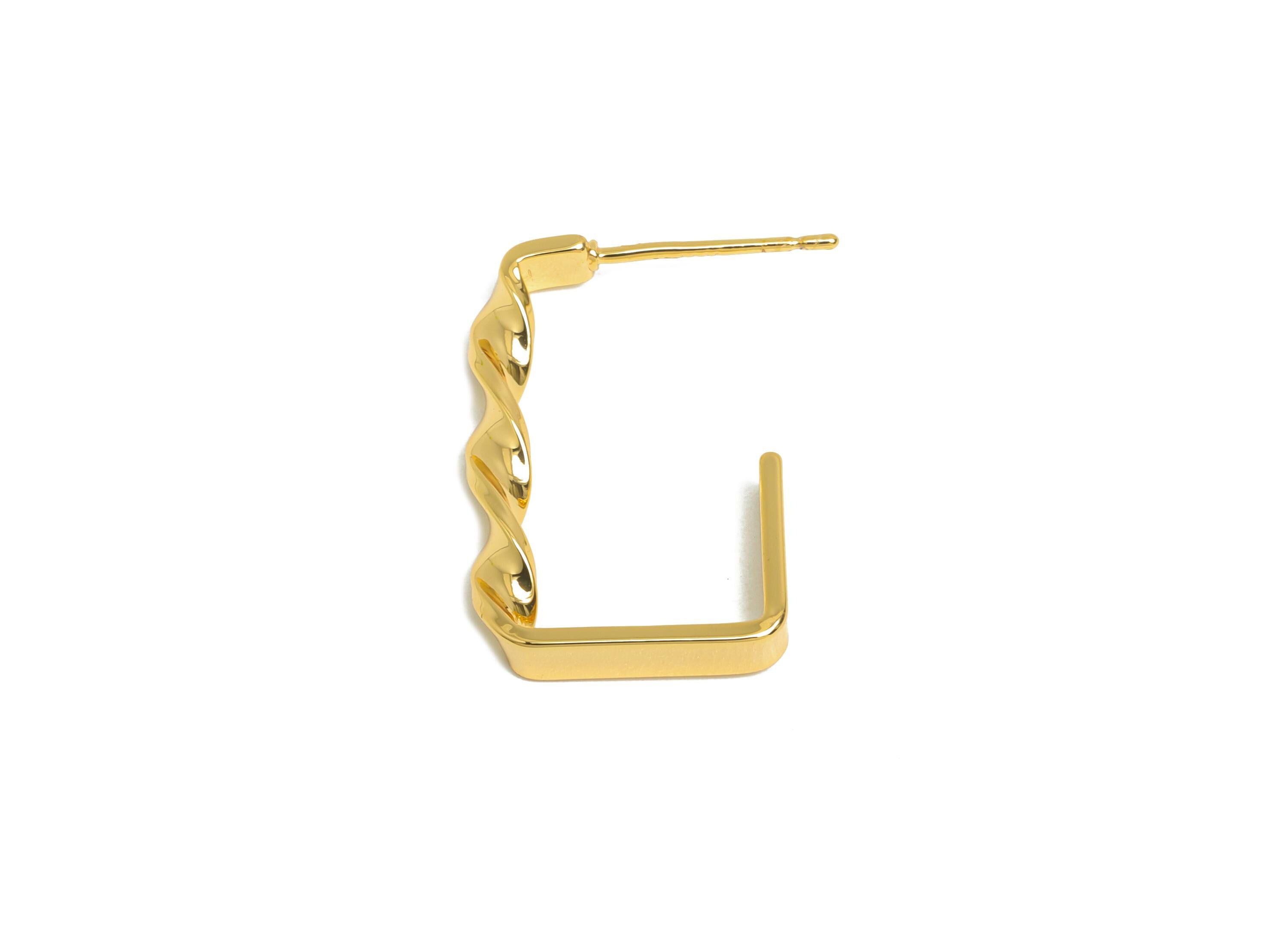 Brass Square Hoop Earrings Stud - Gold Twisted Earrings Post - Geometric Textured Earrings - 18K Real Gold-Plated Brass -22x15x3mm - RGP9522 - DOMEDBAZAAR