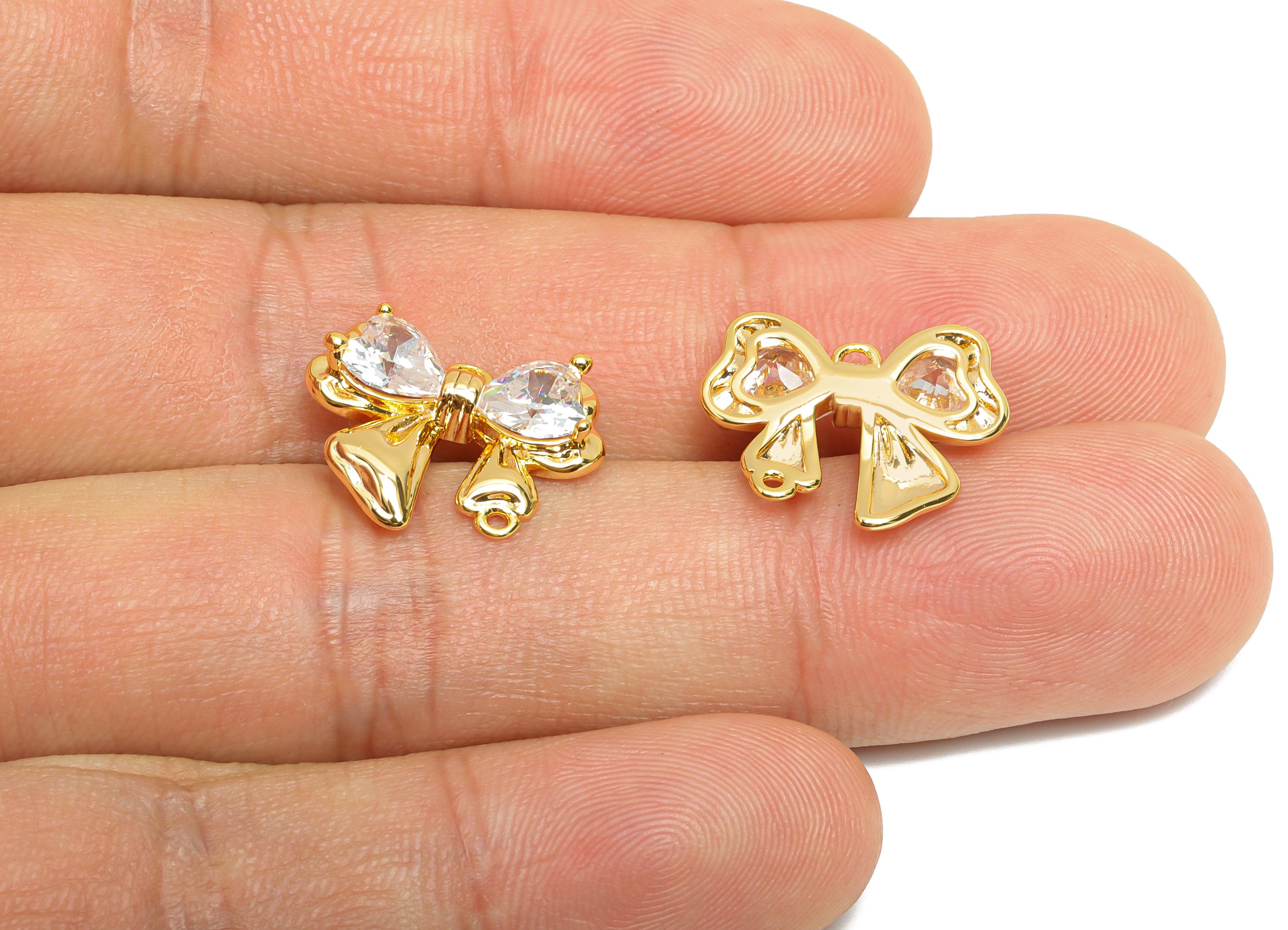Sparking Crystal Bow Charm - Gold Brass Bow Jewelry Accessory - Rhinestone Embellished Ribbon Bow Pendant With Loop - 14x14x3mm - RGP10401 - DOMEDBAZAAR