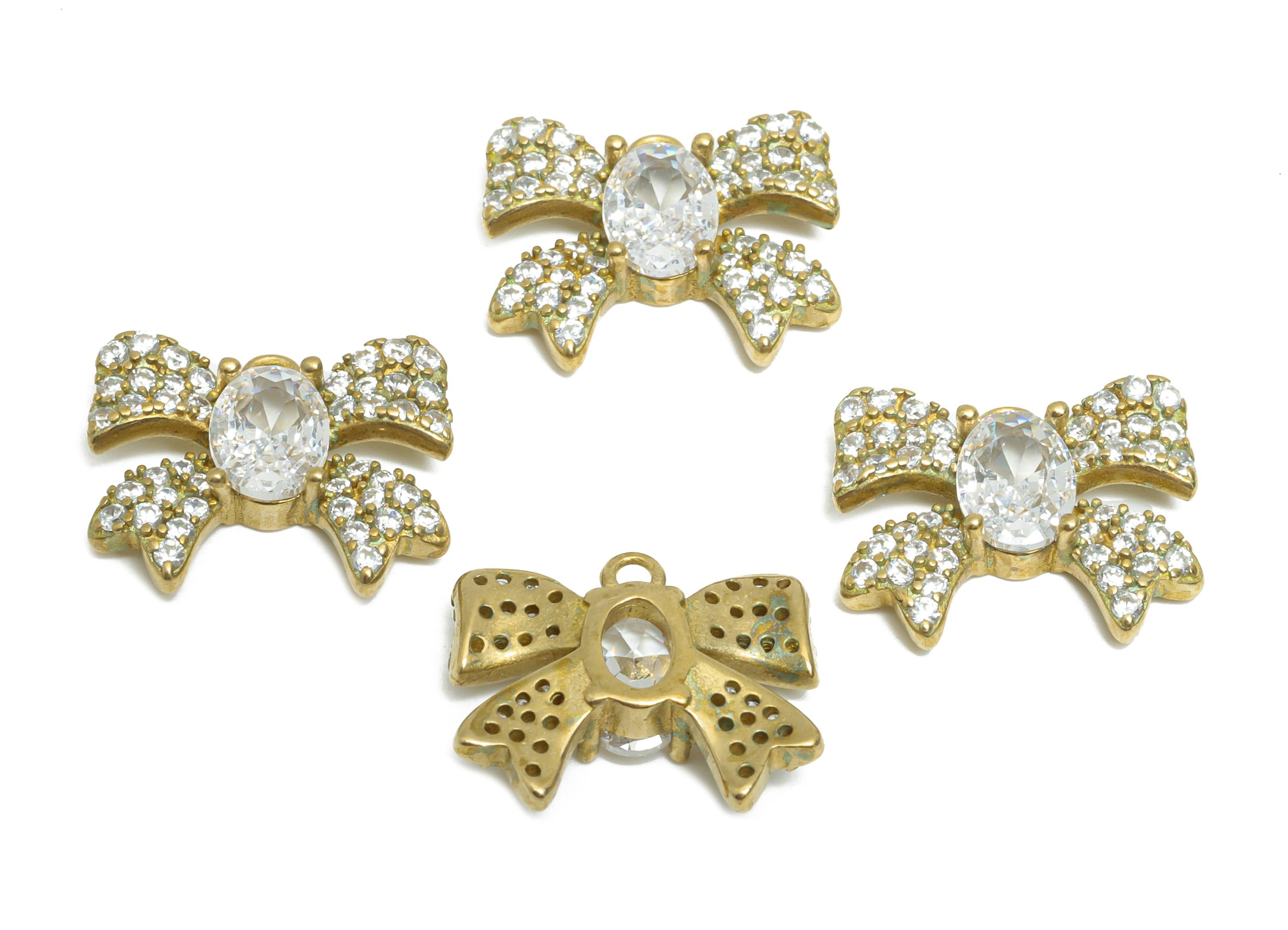 Sparking Crystal Bow Charm - Raw Brass Oval Ribbon Jewelry Accessory - Brass Charming Geometry Ribbon Bow Pendant - 15x12x3.6mm - PP11068 - DOMEDBAZAAR