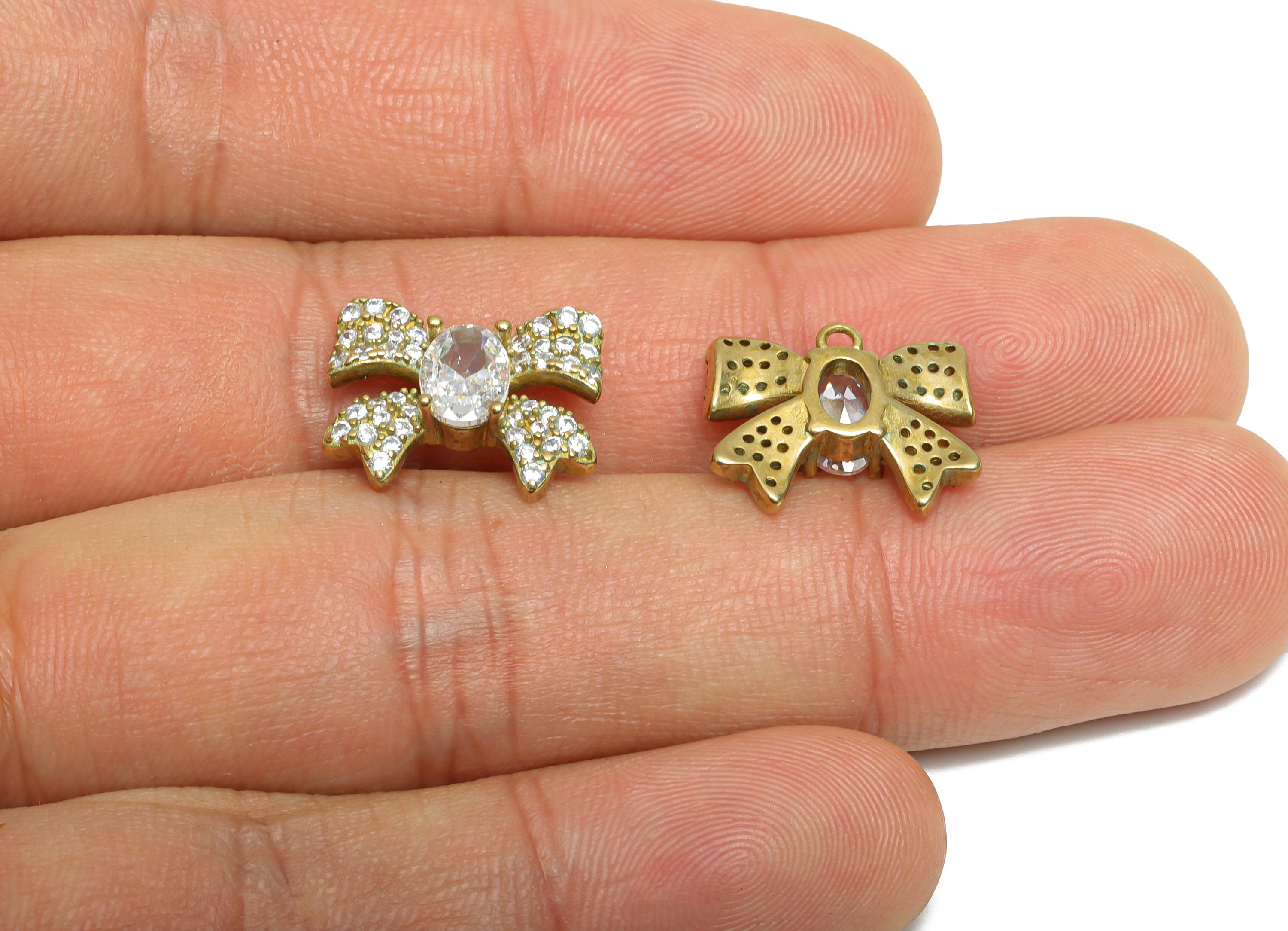 Sparking Crystal Bow Charm - Raw Brass Oval Ribbon Jewelry Accessory - Brass Charming Geometry Ribbon Bow Pendant - 15x12x3.6mm - PP11068 - DOMEDBAZAAR