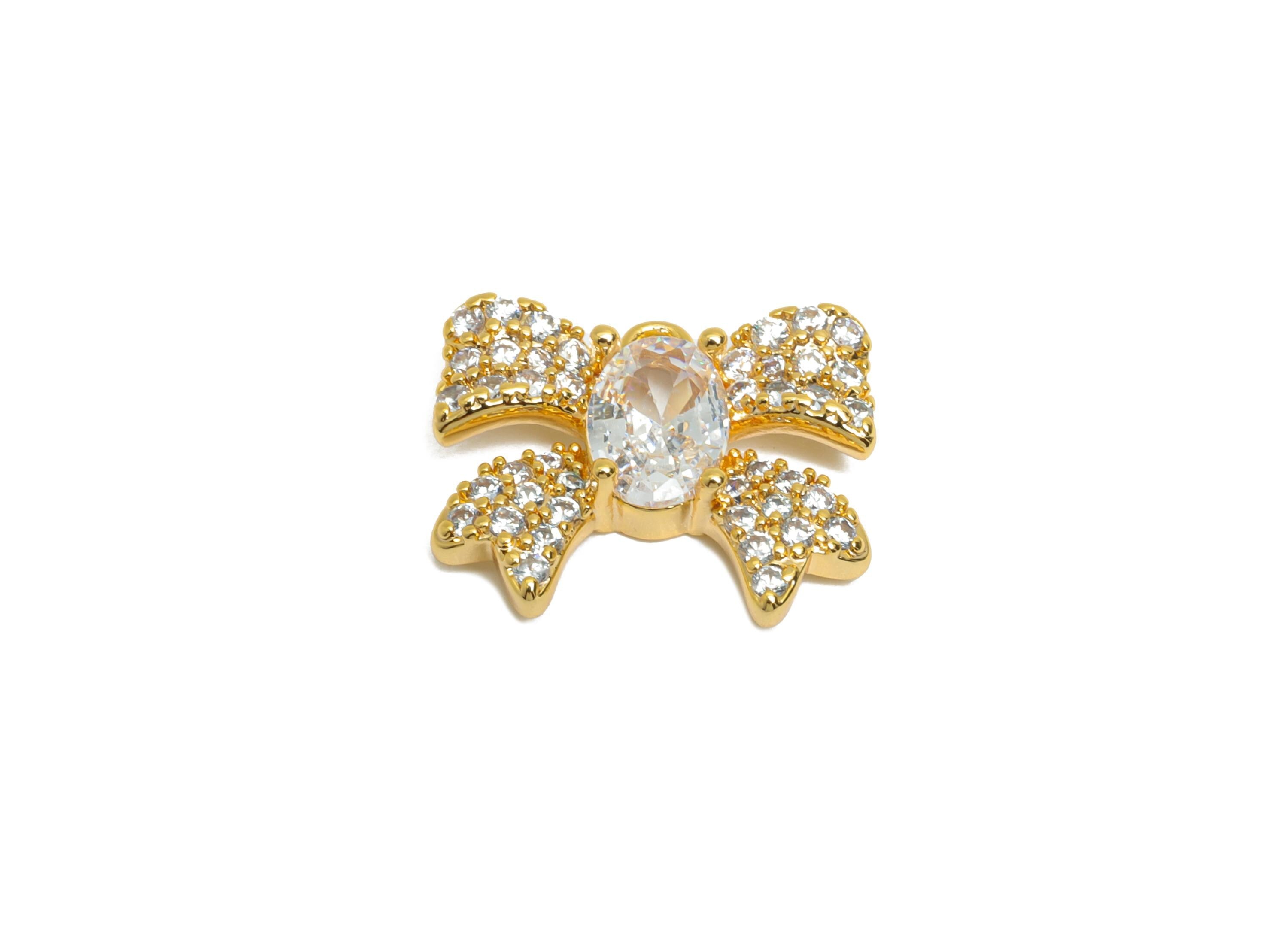 Sparking Crystal Bow Charm - Gold Brass Oval Ribbon Jewelry Accessory - Brass Charming Geometry Ribbon Bow Pendant - 15x12x3.6mm - RGP10409 - DOMEDBAZAAR