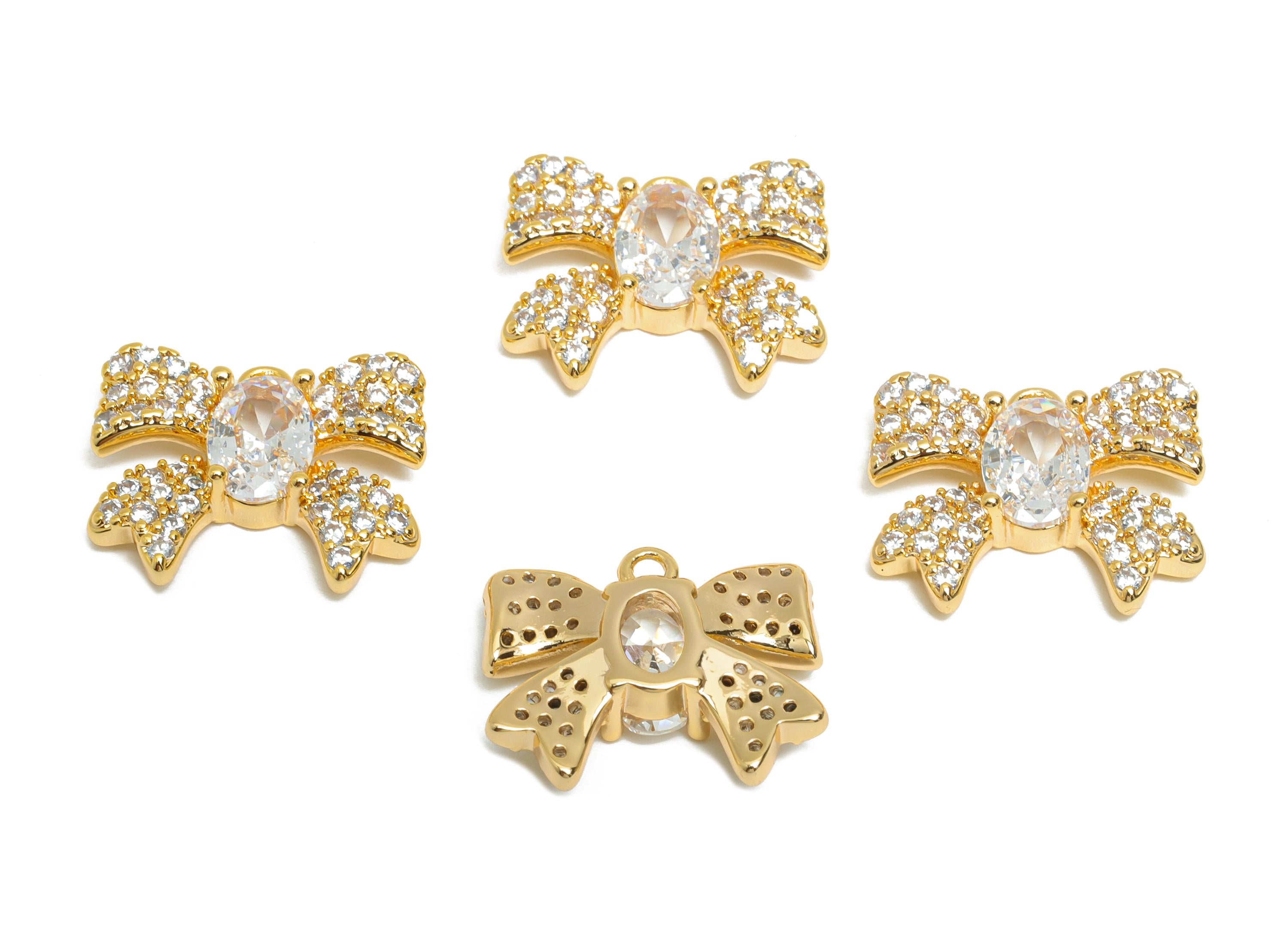 Sparking Crystal Bow Charm - Gold Brass Oval Ribbon Jewelry Accessory - Brass Charming Geometry Ribbon Bow Pendant - 15x12x3.6mm - RGP10409 - DOMEDBAZAAR