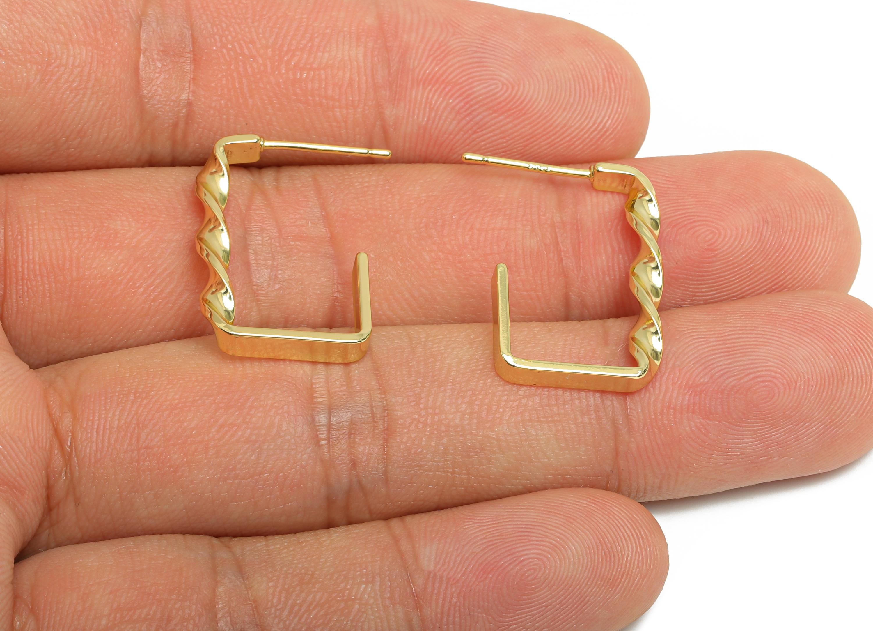 Brass Square Hoop Earring Stud - Gold Twisted Earring Post - Geometric Textured Earring - 14K Real Gold-Plated Brass -22x15x3mm - RGP9522-14 - DOMEDBAZAAR