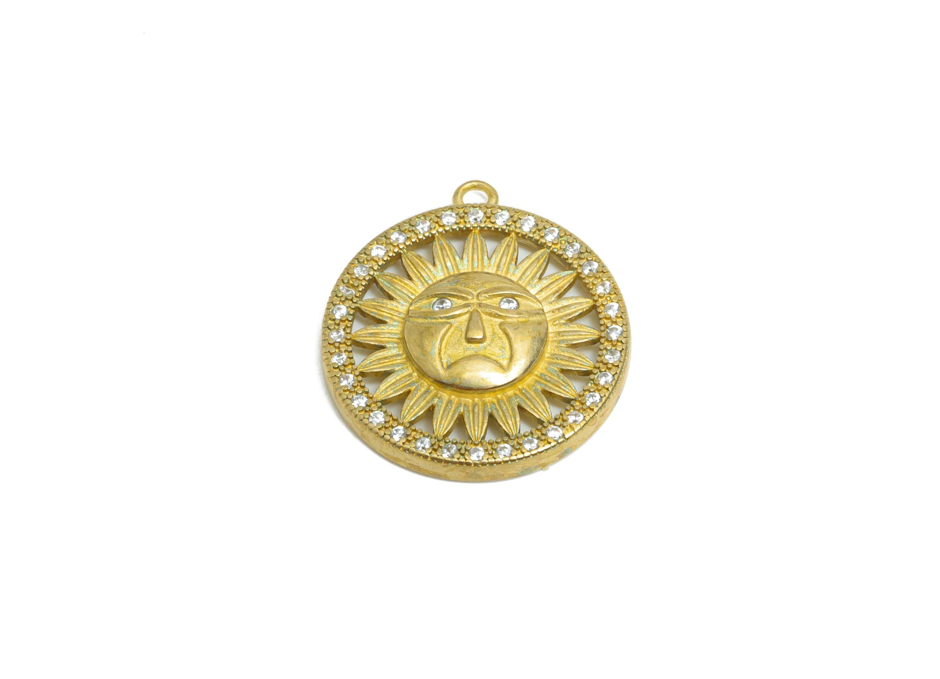Sparking Crystal Charm - Raw Brass Boho Sun Jewelry  - Brass Sun Motif Pendant - Sunburst Rhinestone Pendant - 21x19x3mm - PP11050 - DOMEDBAZAAR