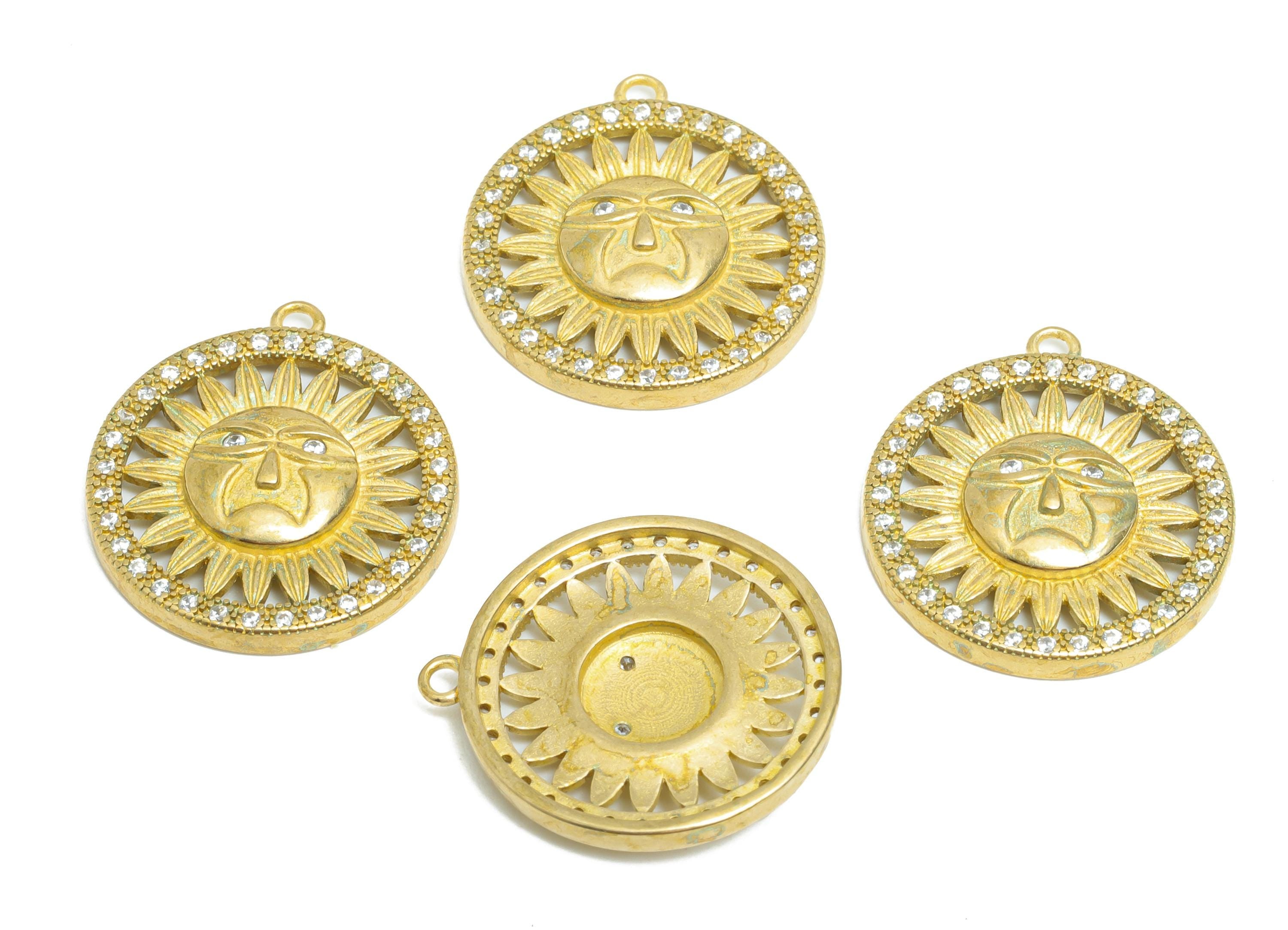 Sparking Crystal Charm - Raw Brass Boho Sun Jewelry  - Brass Sun Motif Pendant - Sunburst Rhinestone Pendant - 21x19x3mm - PP11050 - DOMEDBAZAAR
