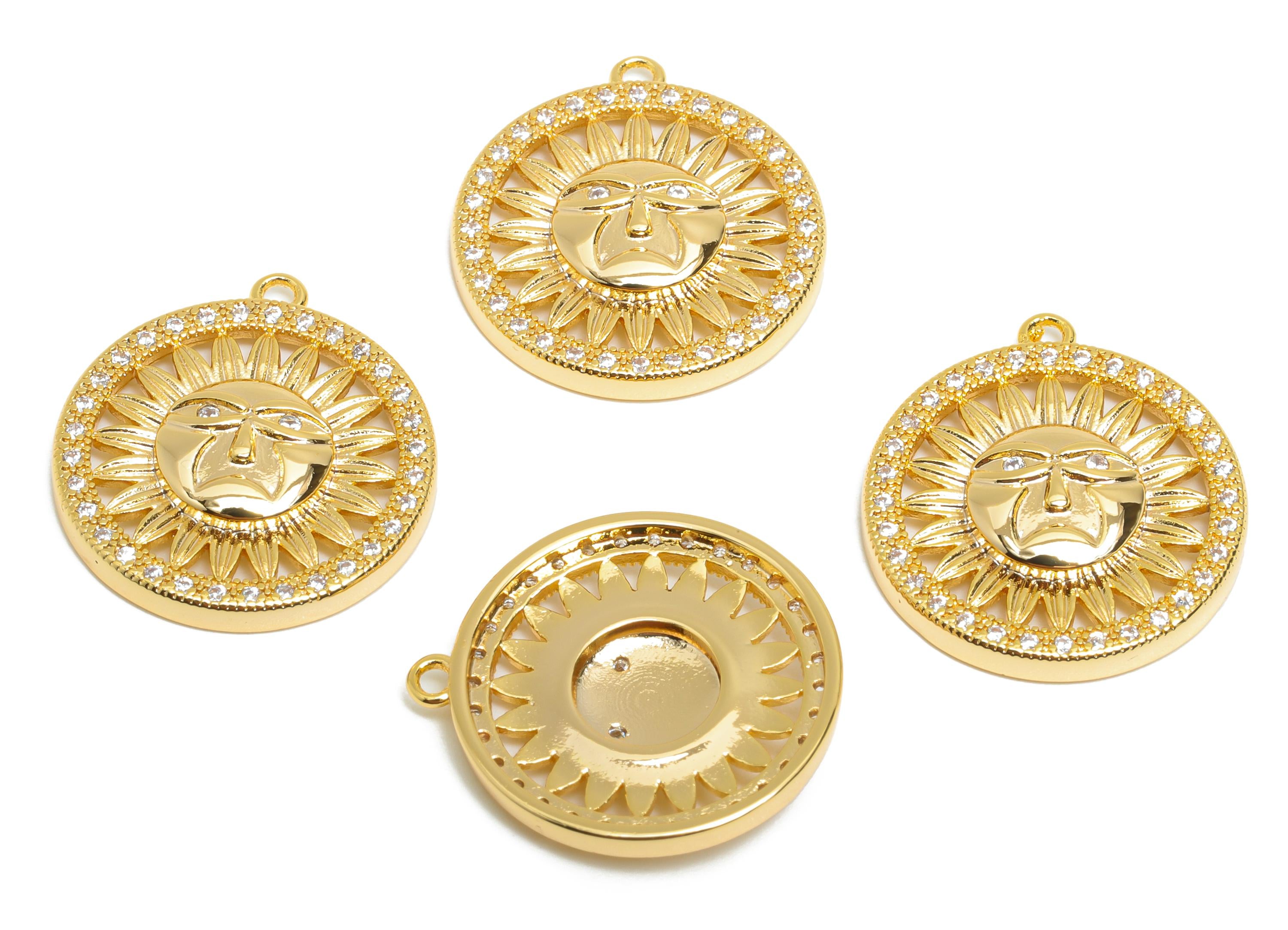 Sparking Crystal Charm - Gold Brass Boho Sun Jewelry  - Brass Sun Motif Pendant - Sunburst Rhinestone Pendant - 21x19x3mm - RGP10394 - DOMEDBAZAAR