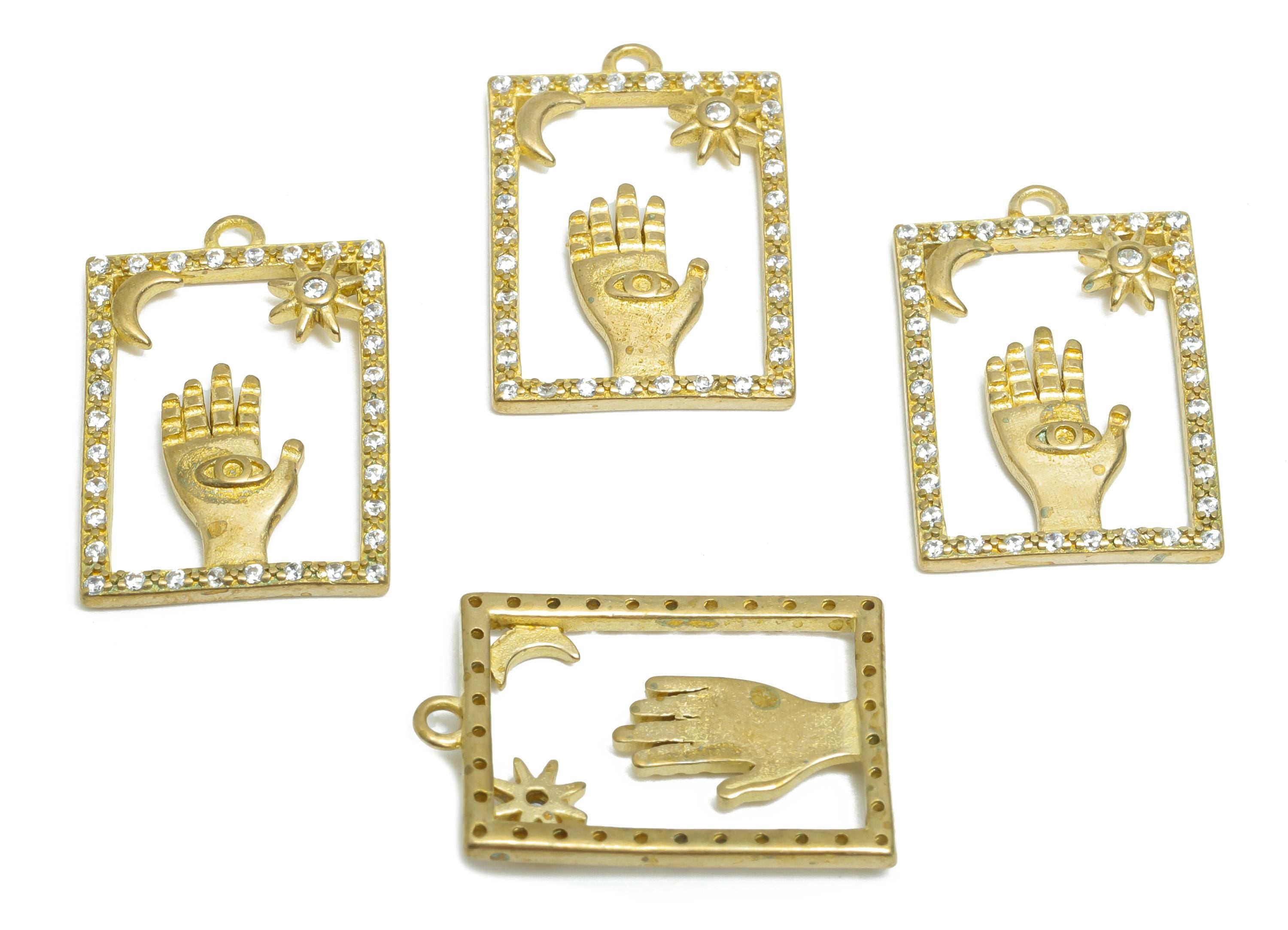 CZ Boho Mystical Charm - Raw Brass Dazzling Moon and Sun Frame Pendant - Sparkling Space Zircon Hand Sign Eye - 21.32x14x2mm - PP11067 - DOMEDBAZAAR