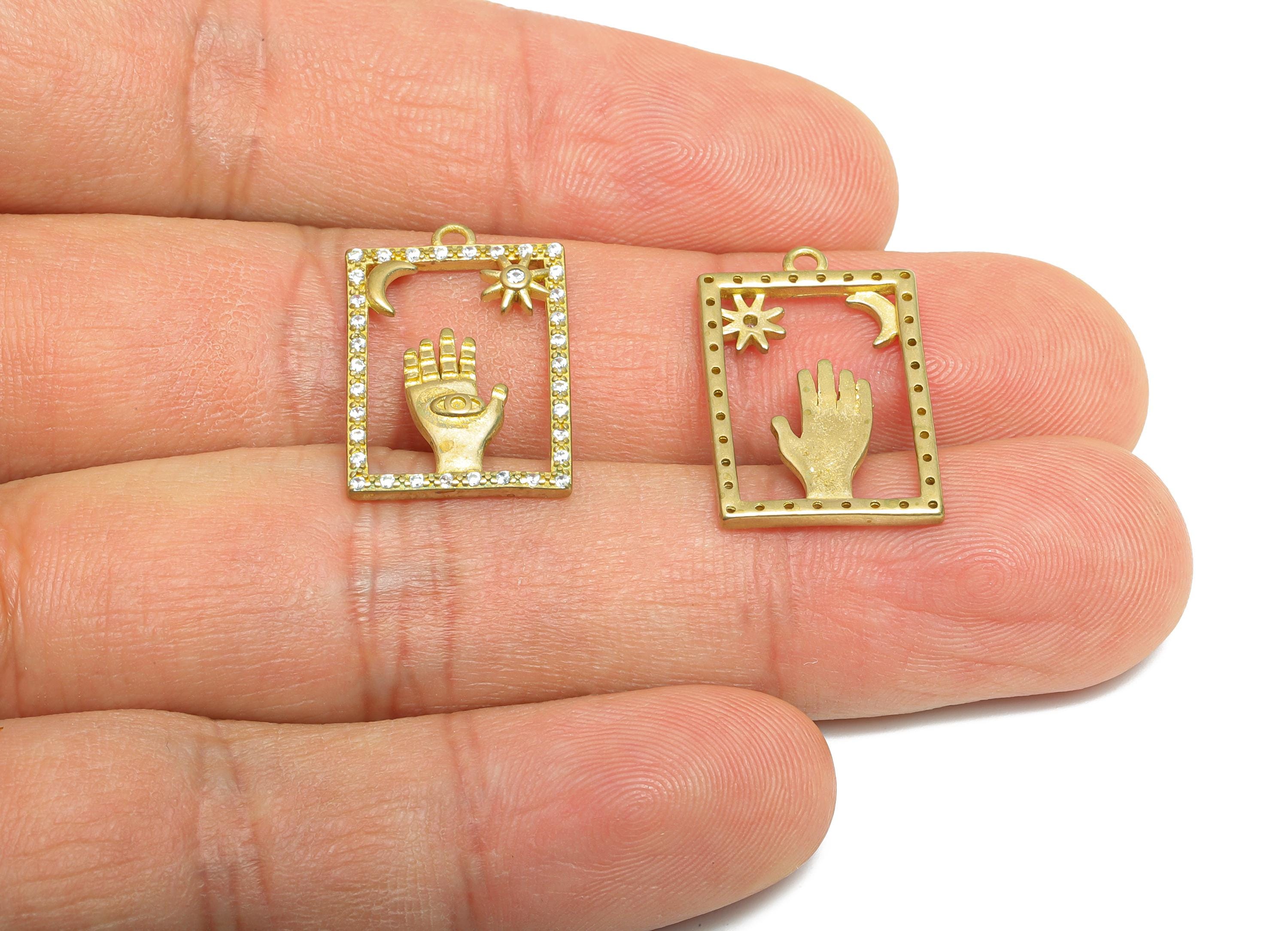 CZ Boho Mystical Charm - Raw Brass Dazzling Moon and Sun Frame Pendant - Sparkling Space Zircon Hand Sign Eye - 21.32x14x2mm - PP11067 - DOMEDBAZAAR