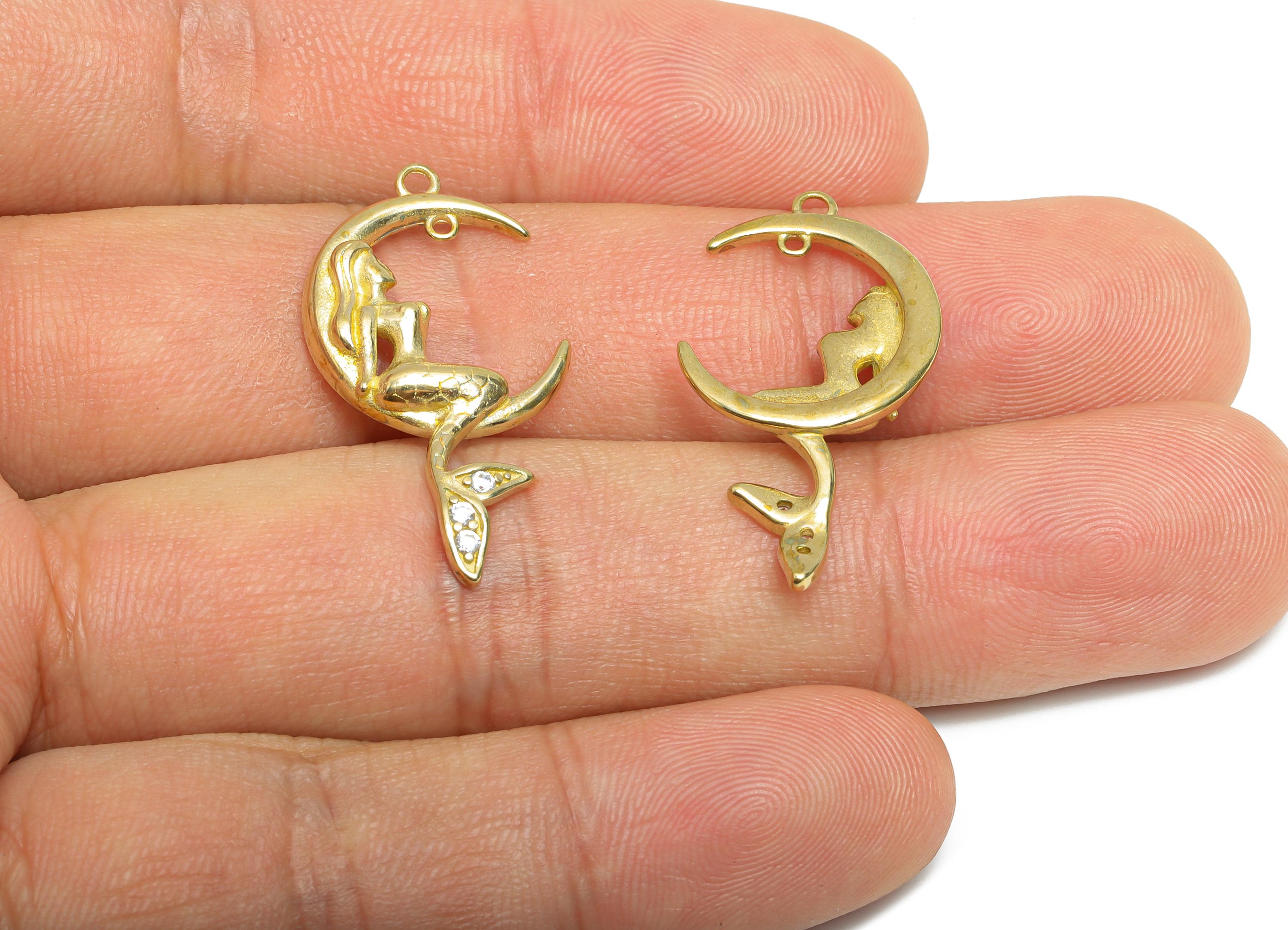 Luxury Mermaid Charm - Raw Brass Crescent Mermaid Pendant - CZ Sparkling Mermaid Lover Gift  - Feminine Energy Accessory - 29x15x3mm-PP11070 - DOMEDBAZAAR