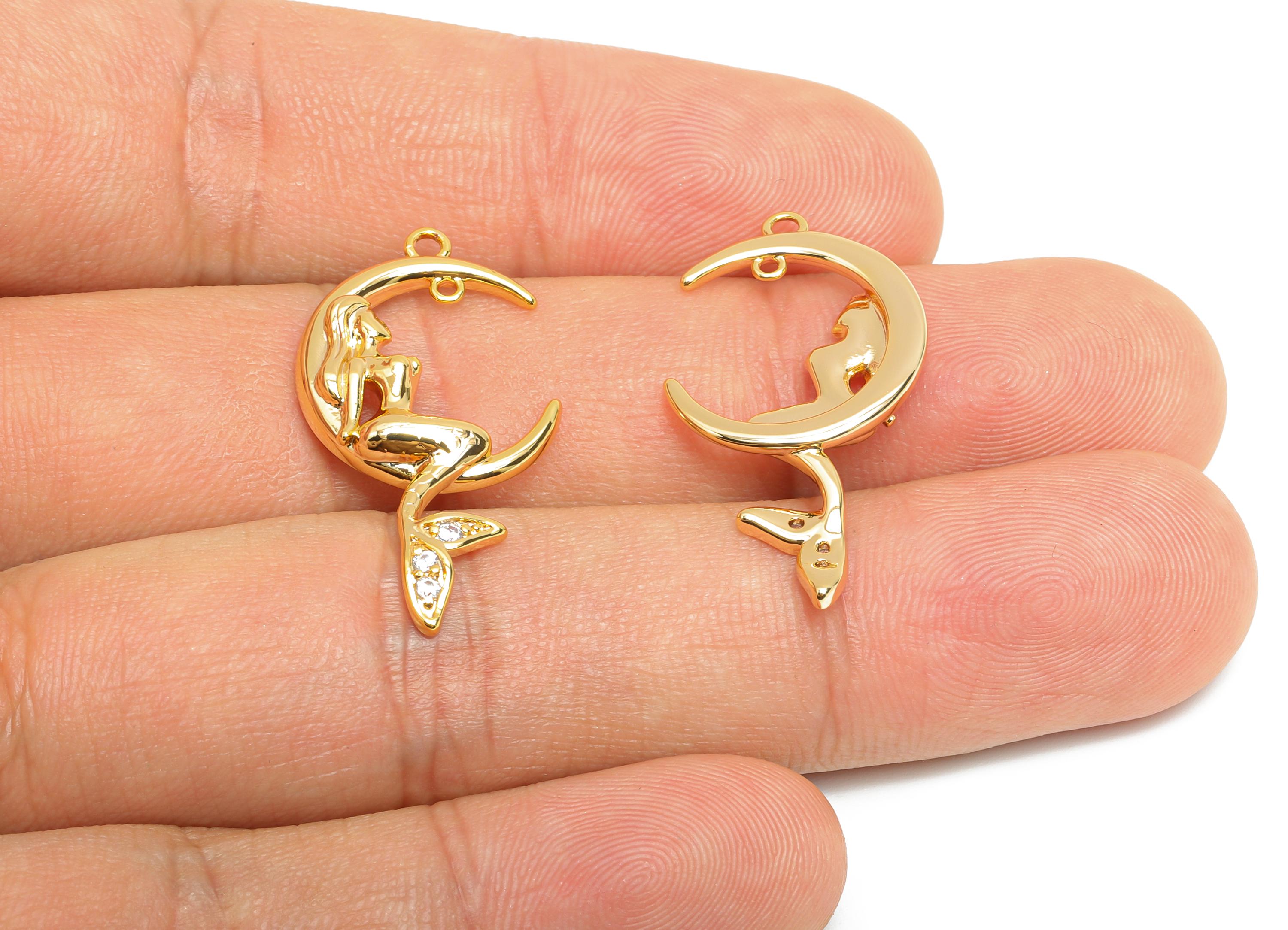 Mermaid Earring Charm - Brass Crescent Pendant - CZ Sparkling Lover Gift  - Feminine Energy Charm - 18k Real Gold Plated -29x15x3mm-RGP10411 - DOMEDBAZAAR